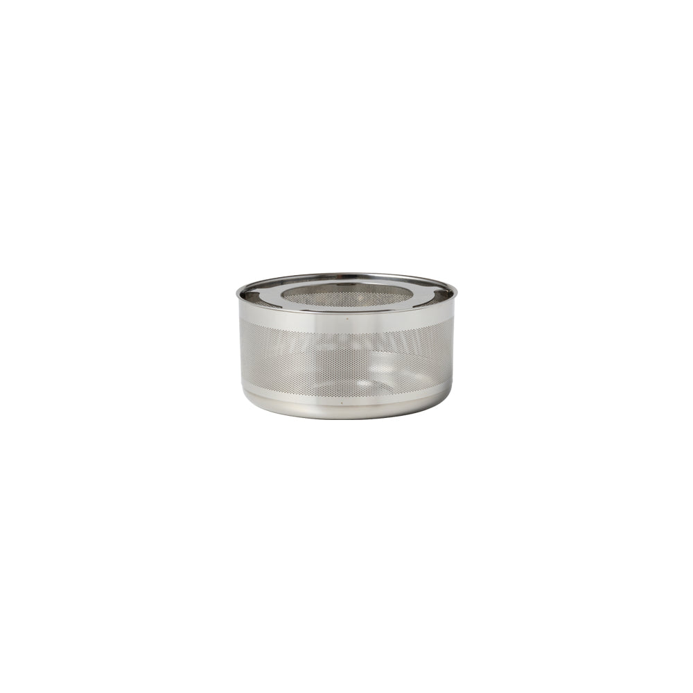 Small silver metal container with a mesh lid on a white background.