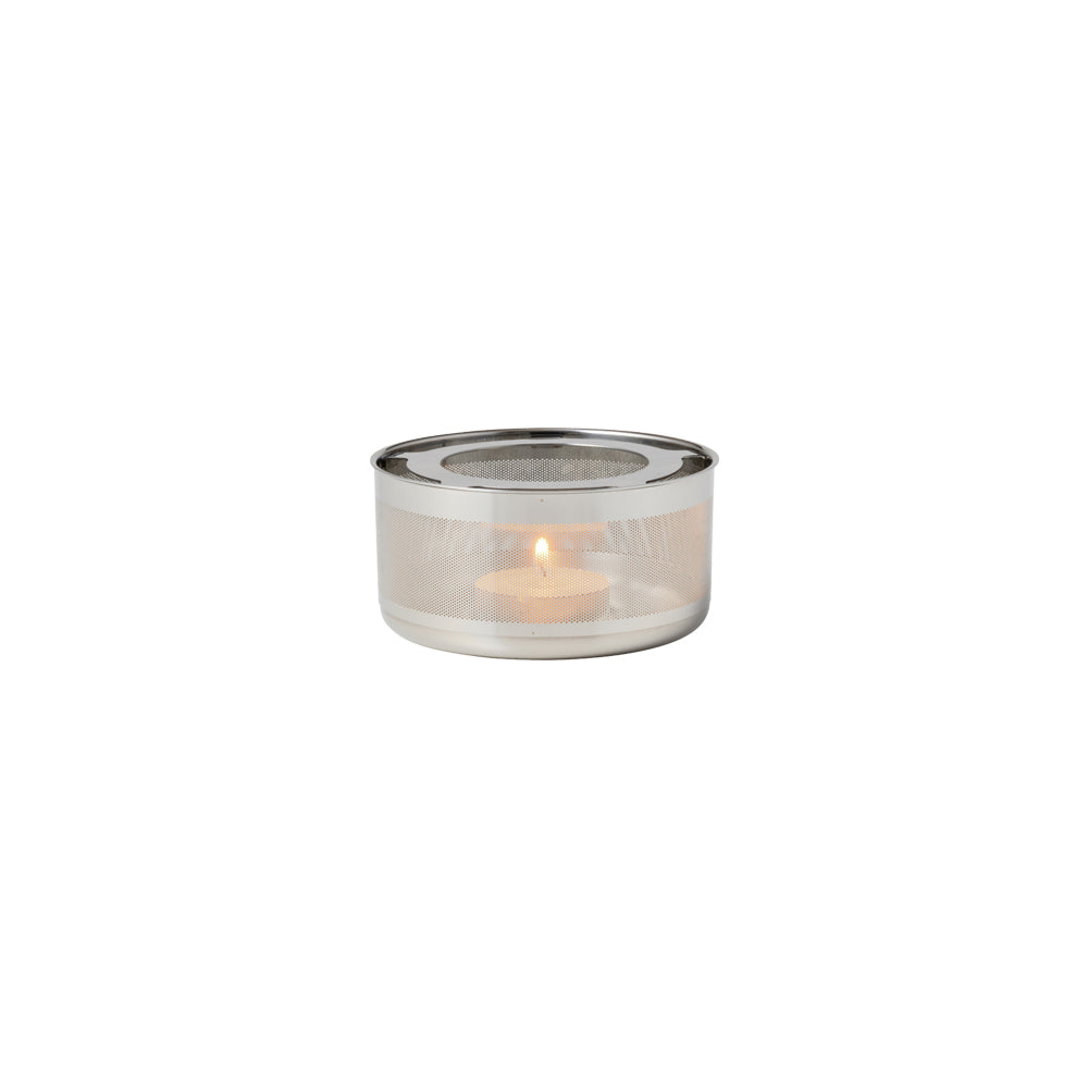 Small silver metal container with mesh lid and lit tealight candle inside.