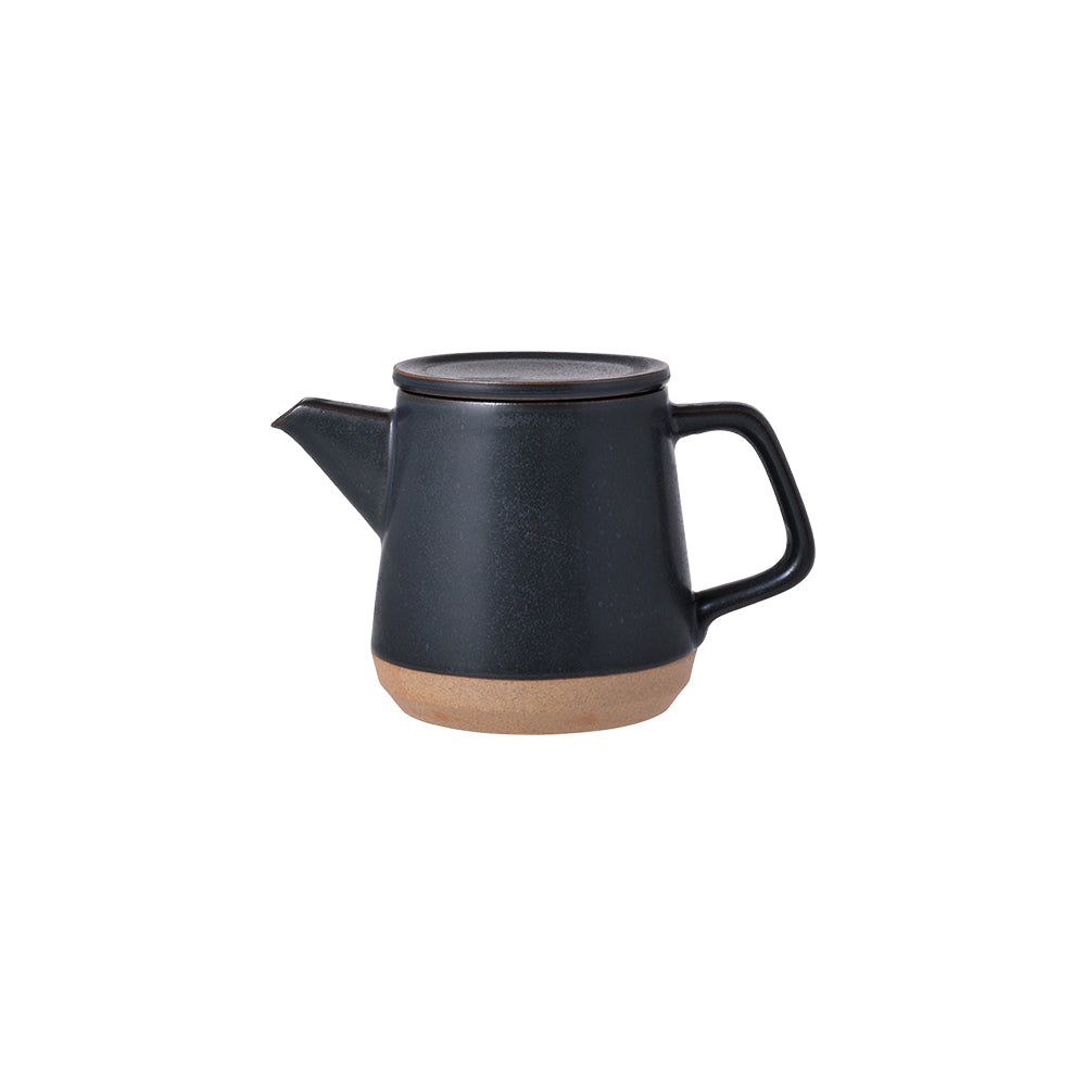 Black ceramic teapot with a wooden base on a white background.