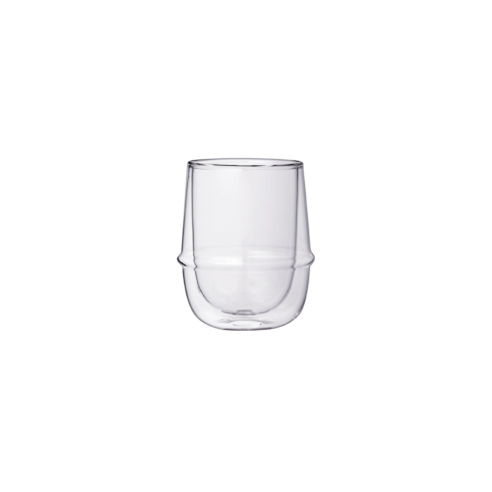 Clear double-walled glass with a rounded bottom and a slight indentation in the center.