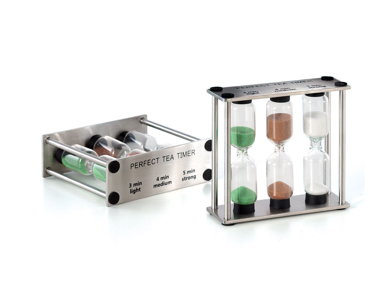 Two metal-framed hourglass tea timers with colored sands: green, brown, white.