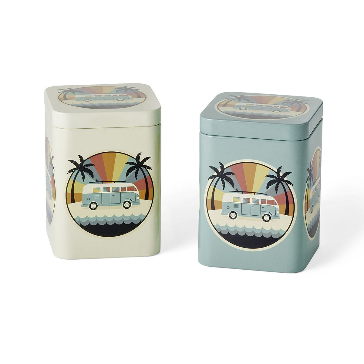 Two tin containers with palm tree and van illustrations.