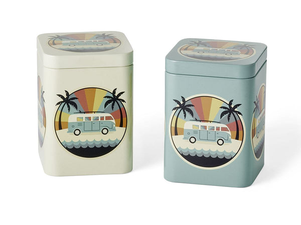 Two tin containers with palm tree and van illustrations.