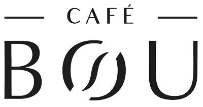 Café Bou logo with stylized coffee bean in black text.