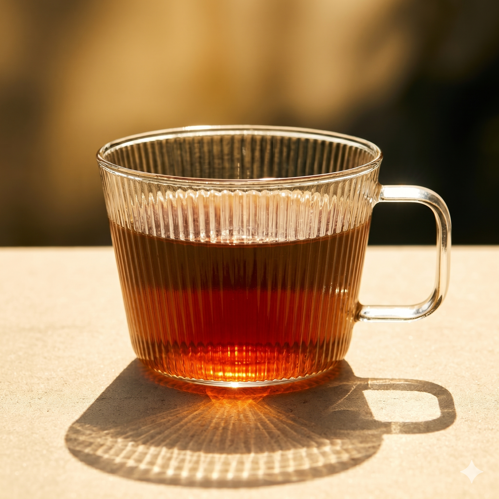 Clear glass cup with dark amber tea on a sunny surface.