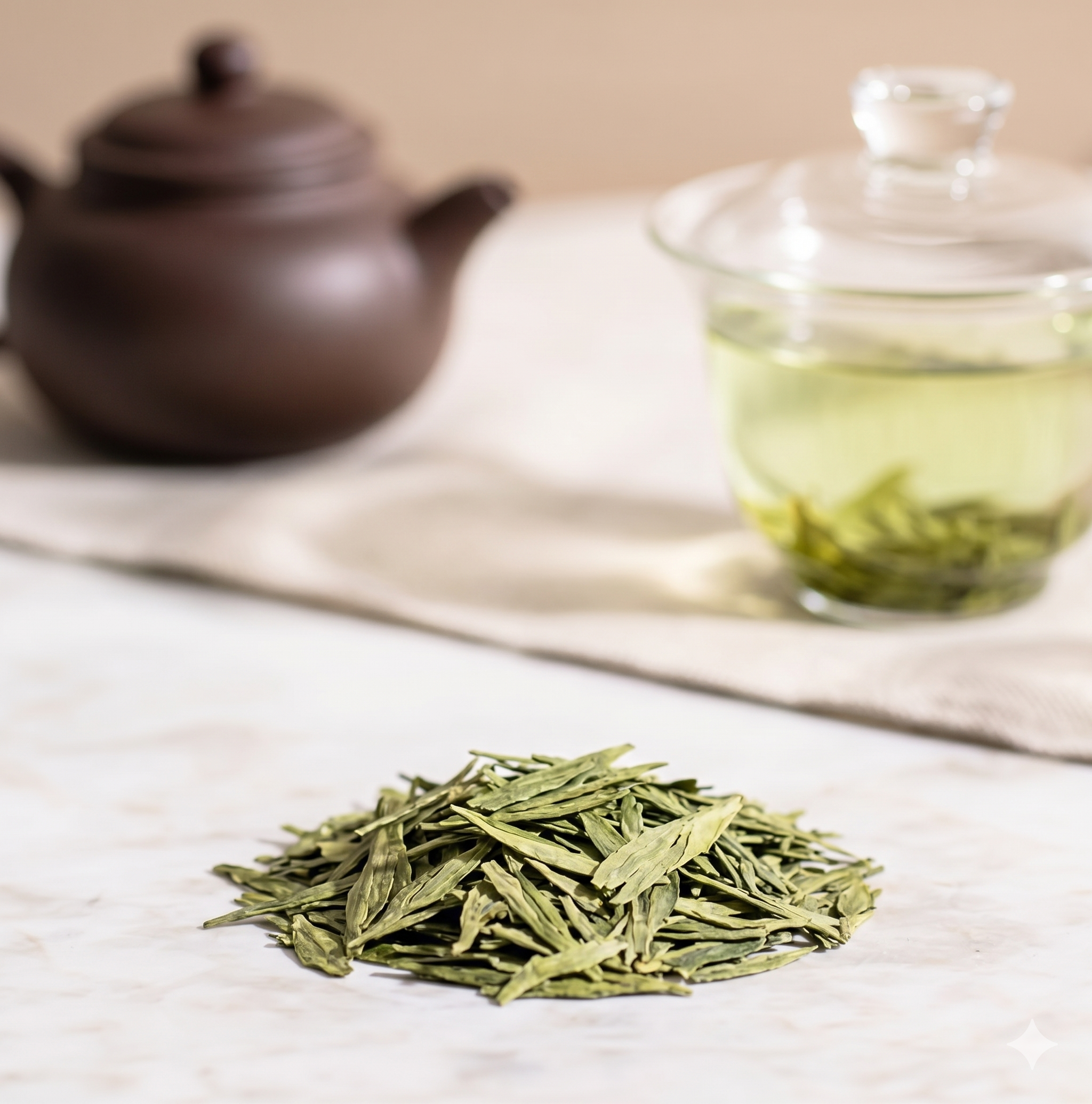 Green tea leaves on table with glass and clay teapots.