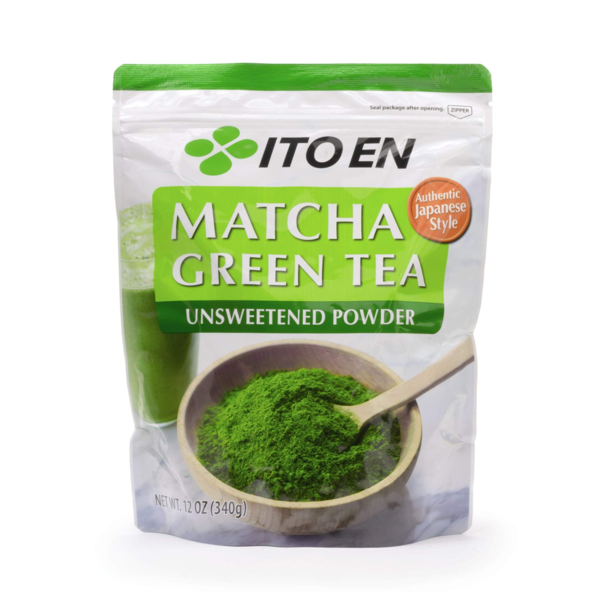 Front of unsweetened matcha green tea powder packet, wooden spoon.