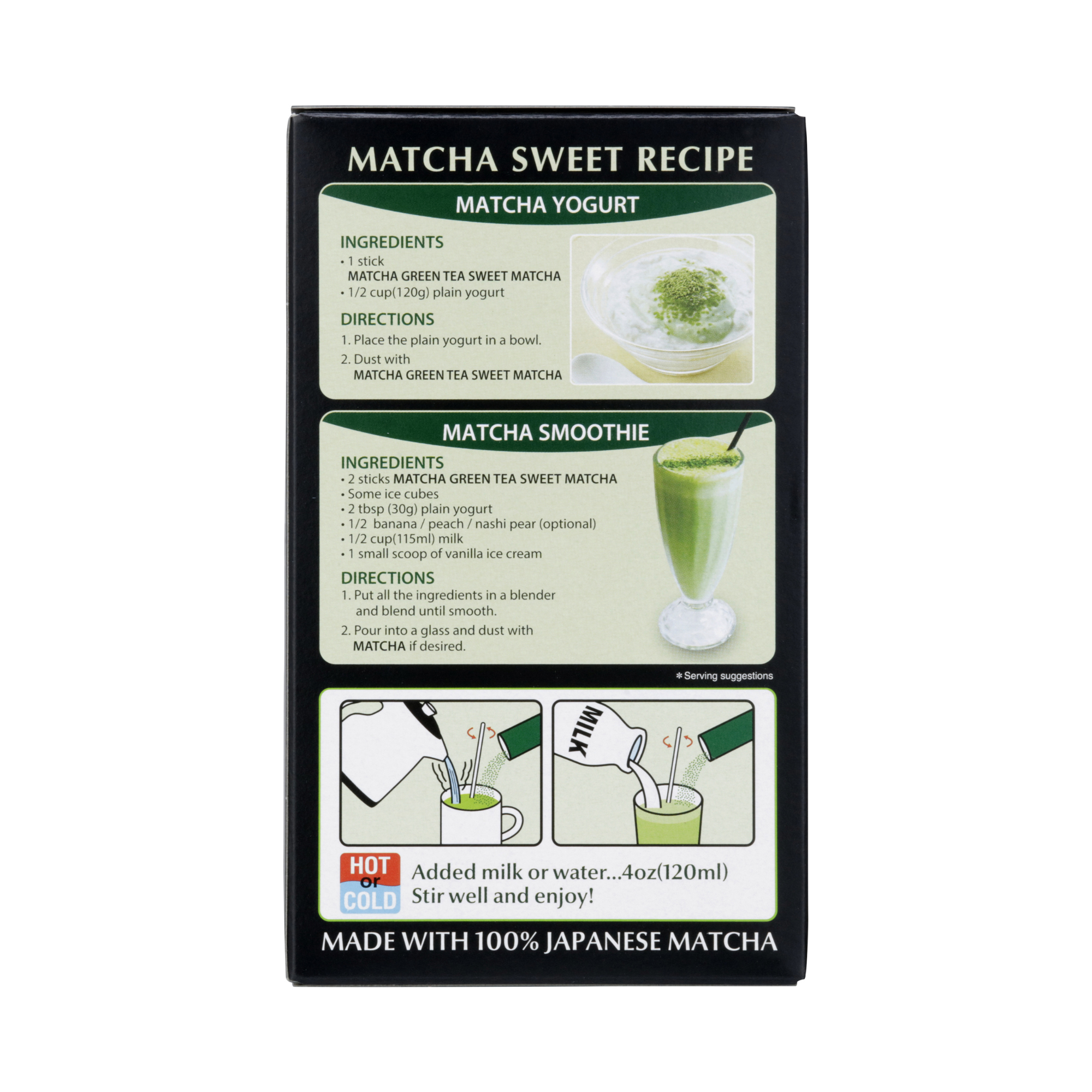 Matcha sweet recipe instructions on a box, including matcha yogurt and smoothie directions.