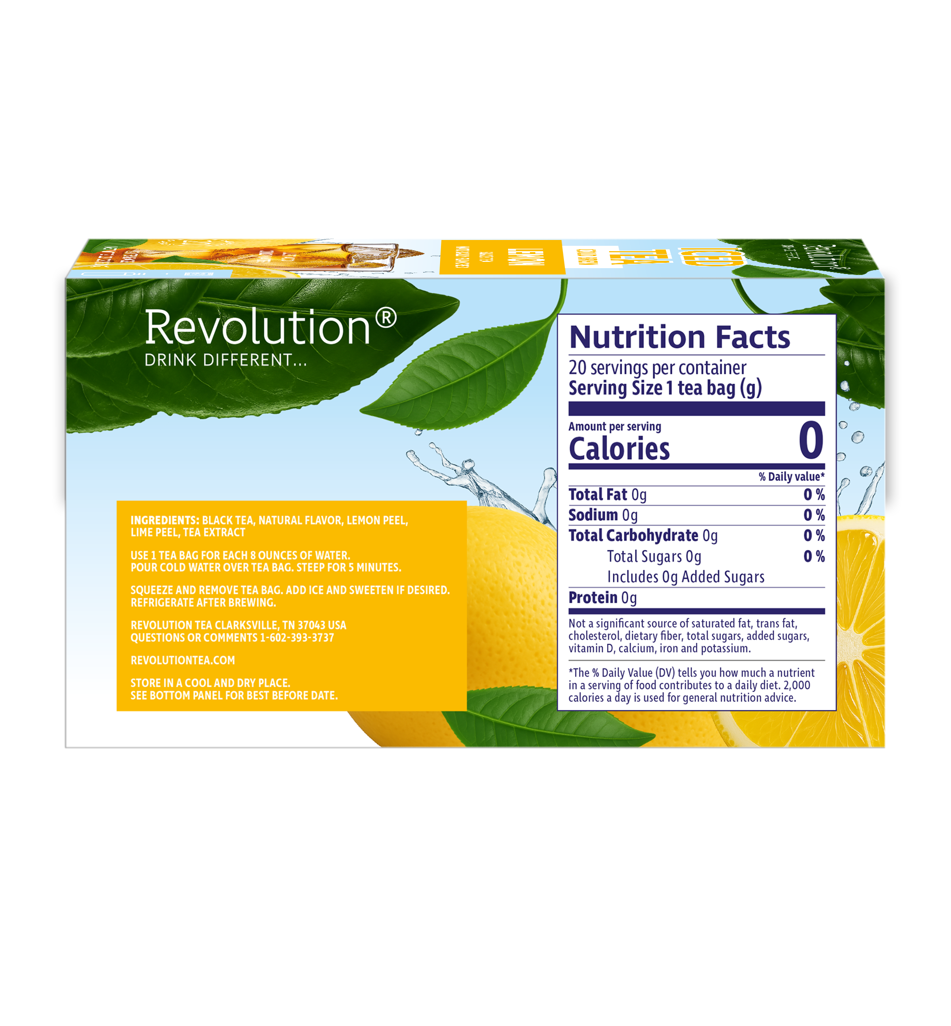Iced tea nutrition facts with lemon image and green leaf border.