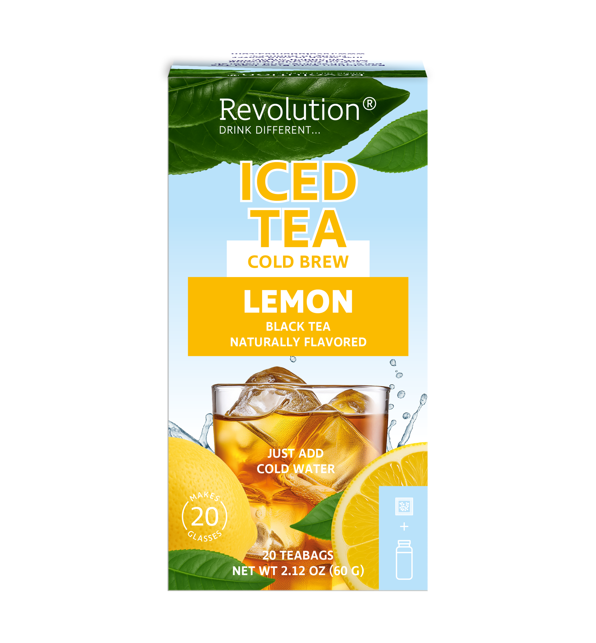 Front view of lemon iced tea box with ice glass and lemon details.