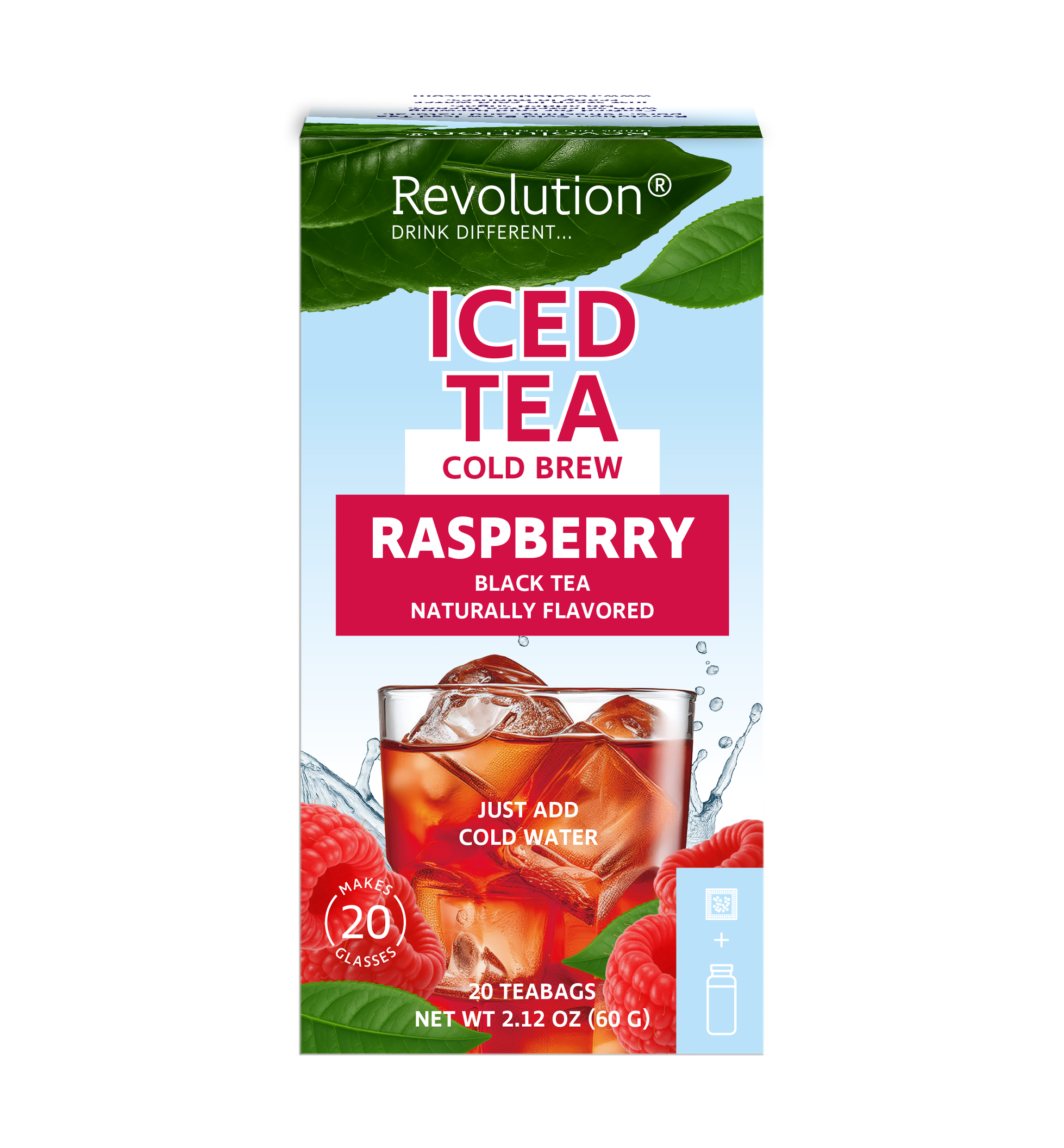 Box of Raspberry Iced Tea Cold Brew, 20 teabags, with raspberries and a glass of iced tea.