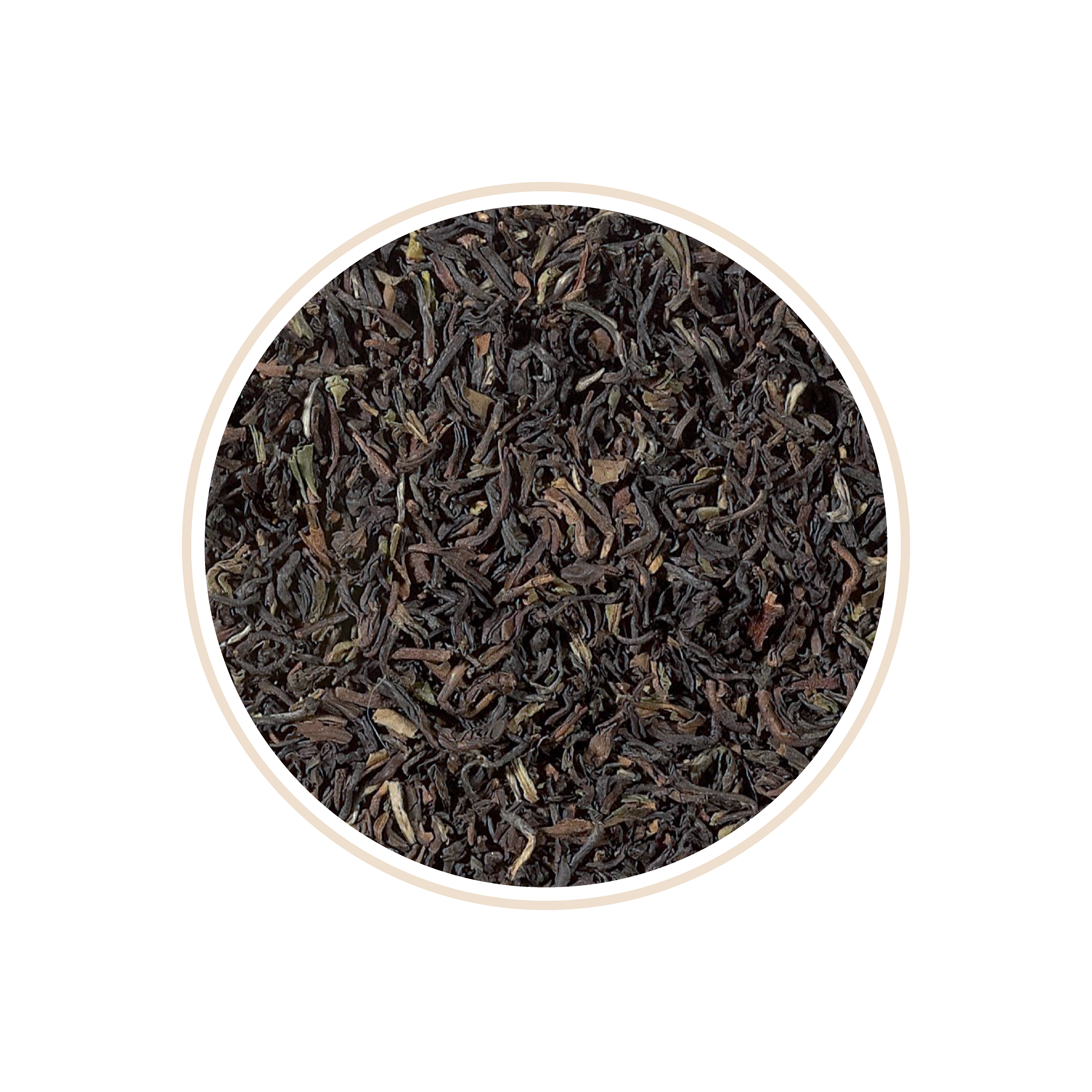 Dried black tea leaves with reddish and brown hues in a round container.