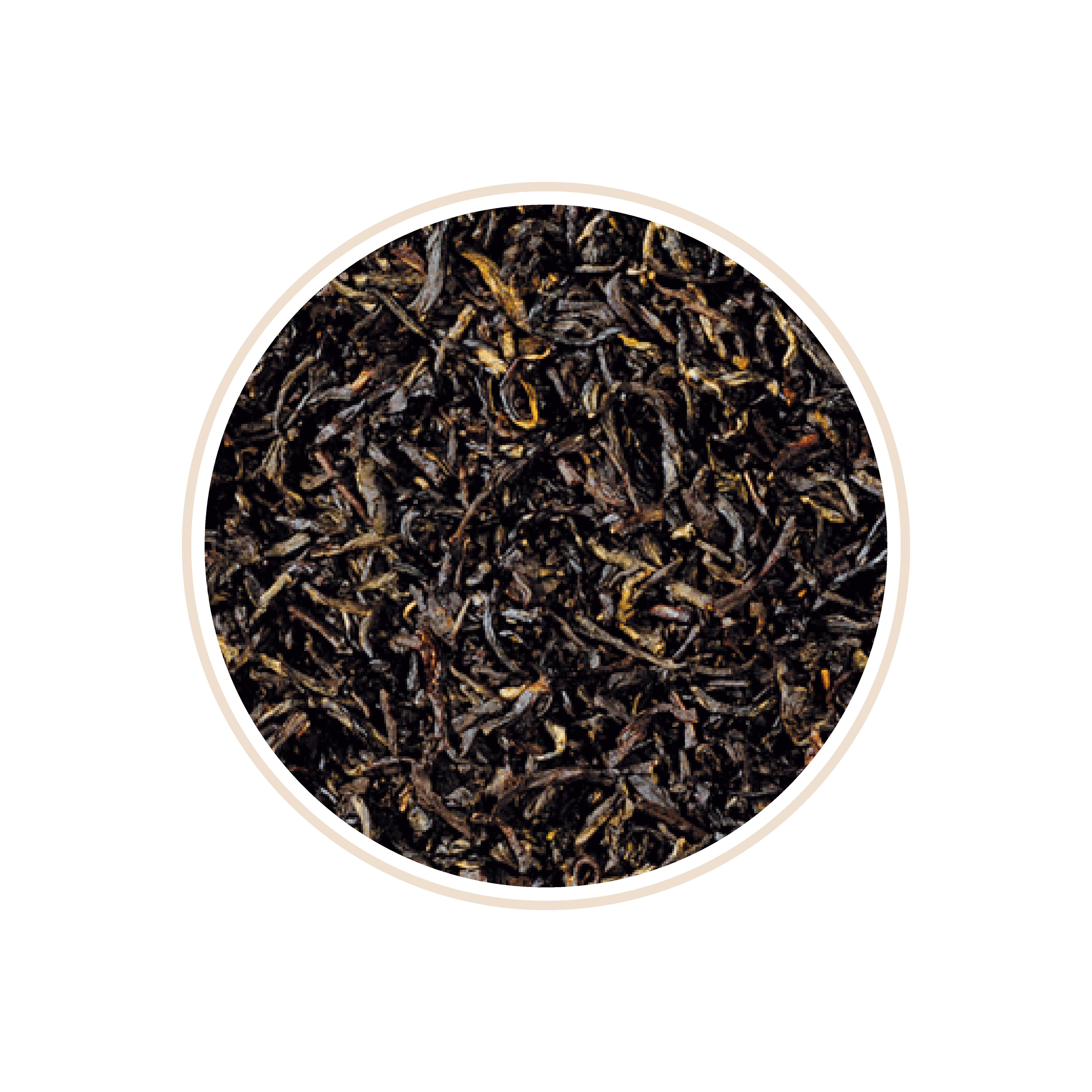 Dark, thin black tea leaves in a circular arrangement.