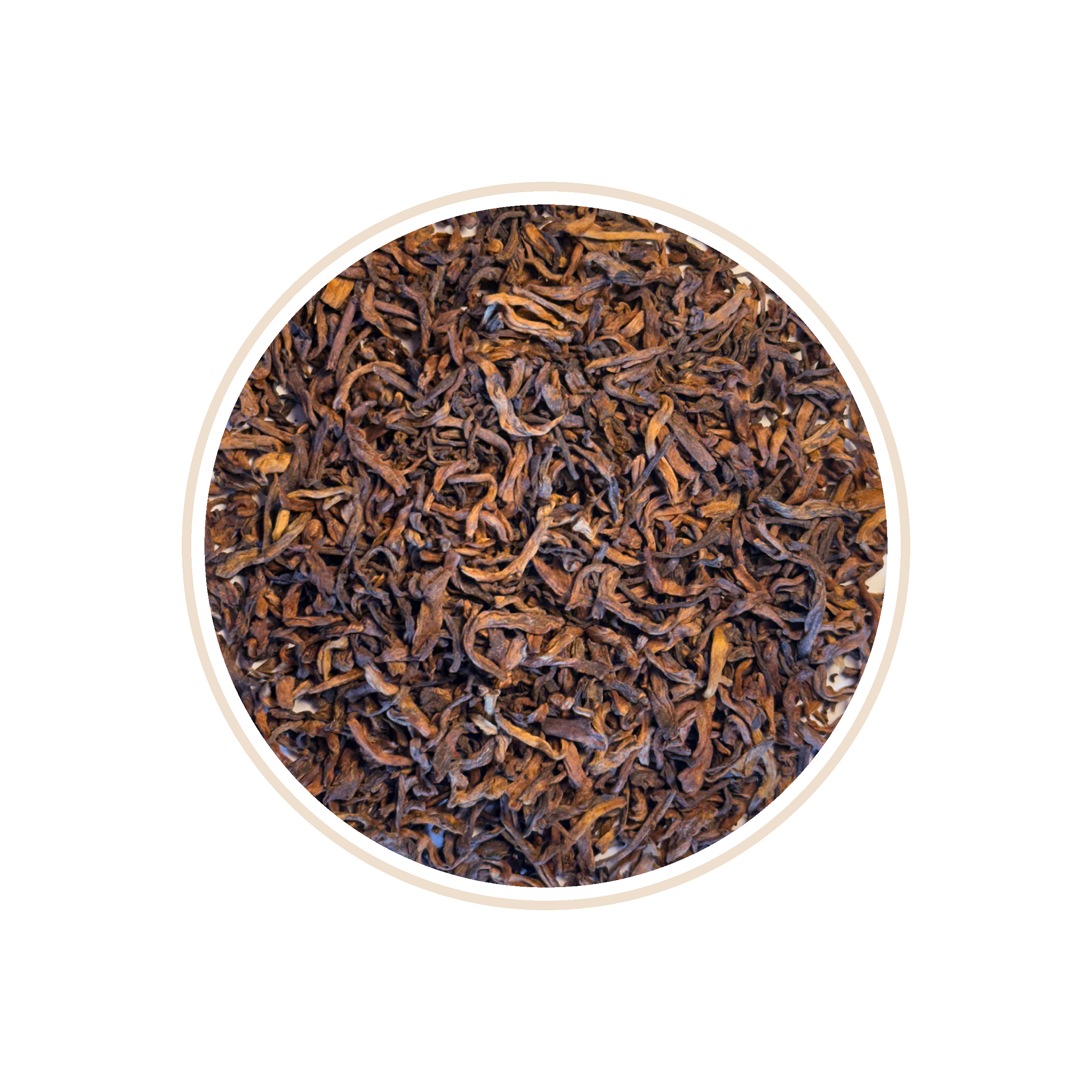 Brown and orange loose tea leaves in a circular frame.