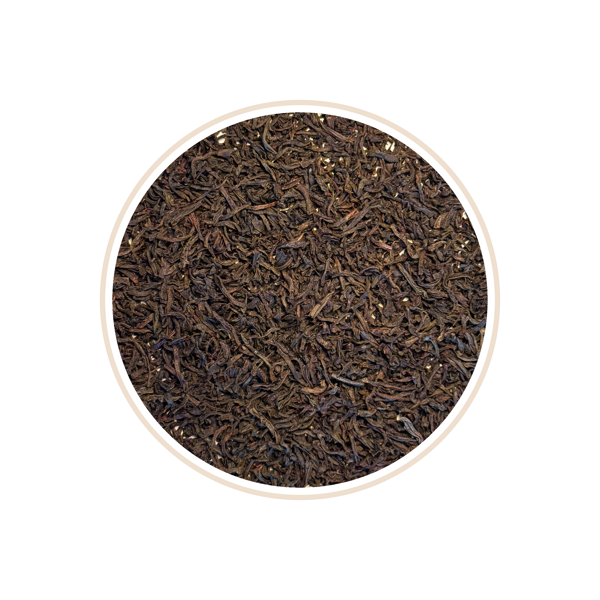 Close-up of loose dark tea leaves in a circular frame.