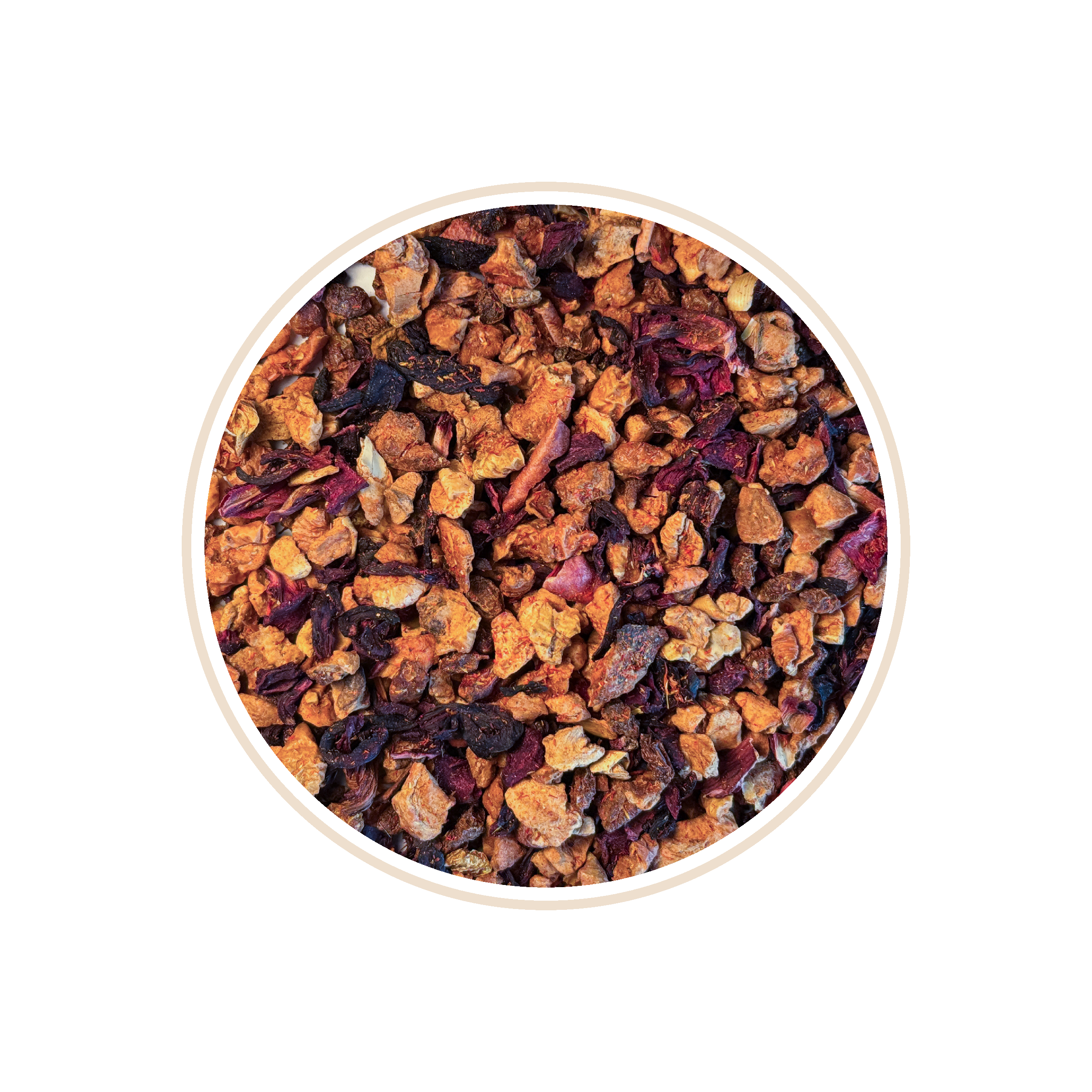 Mottled orange and red tea blend with small chunks in a circular frame.
