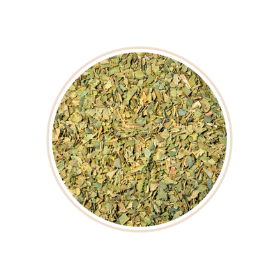 Light green dried mint leaves in a circular frame.