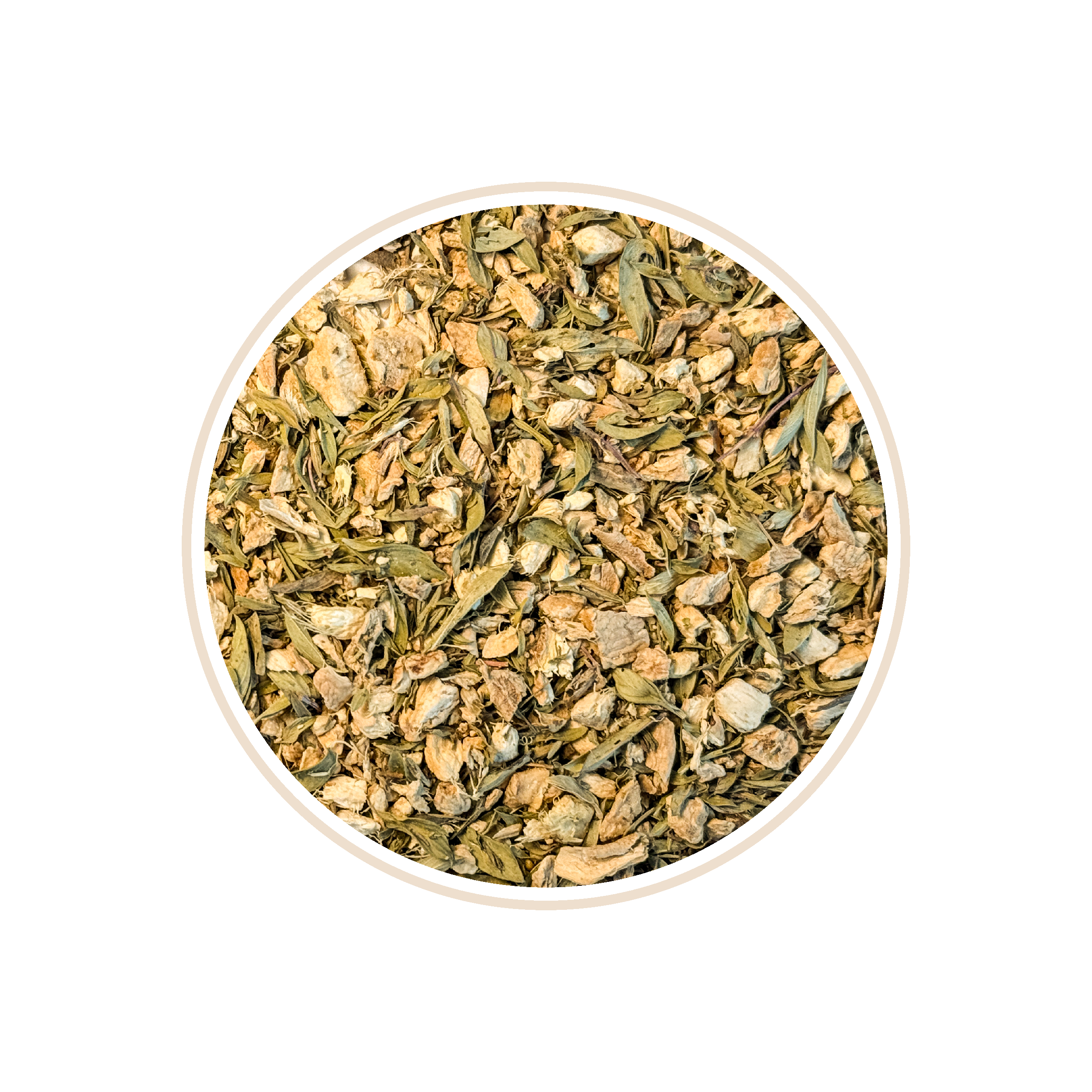 Green tea leaves mixed with light beige pieces in a circular frame.