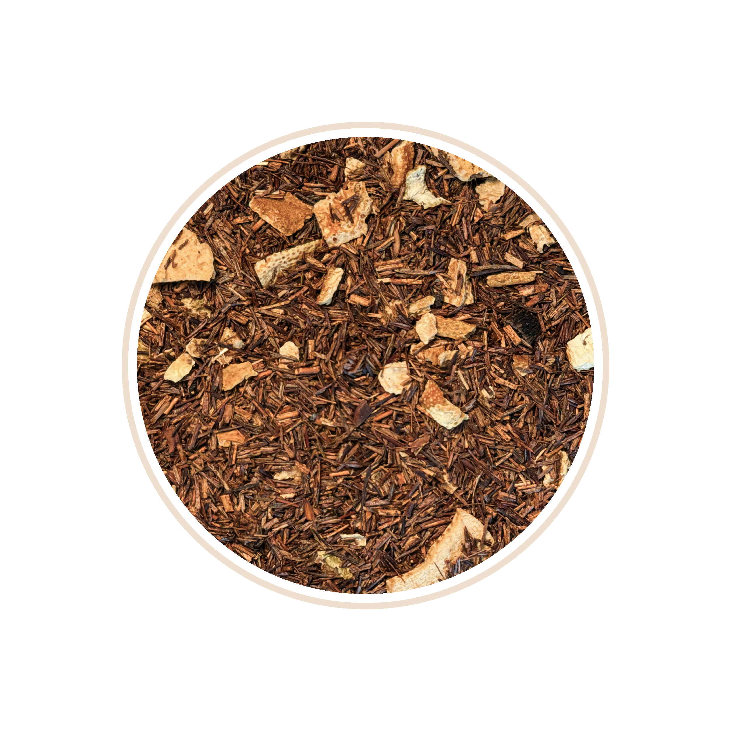 Reddish-brown tea leaves with small light chunks in a circular frame.