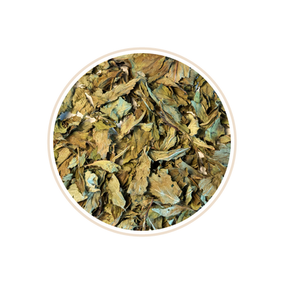 Green tea leaves with hints of blue petals in a circular frame.