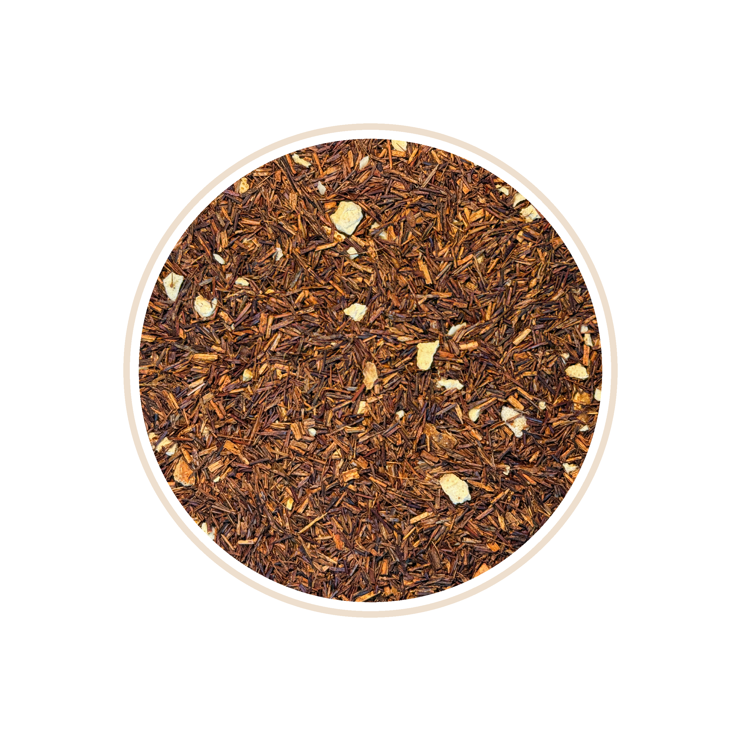 Fine reddish-brown tea blend with white pieces in a circular frame.