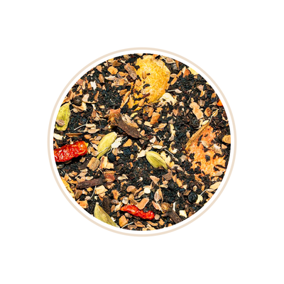 Spiced blend with cardamom pods, dried orange pieces, and chili peppers.