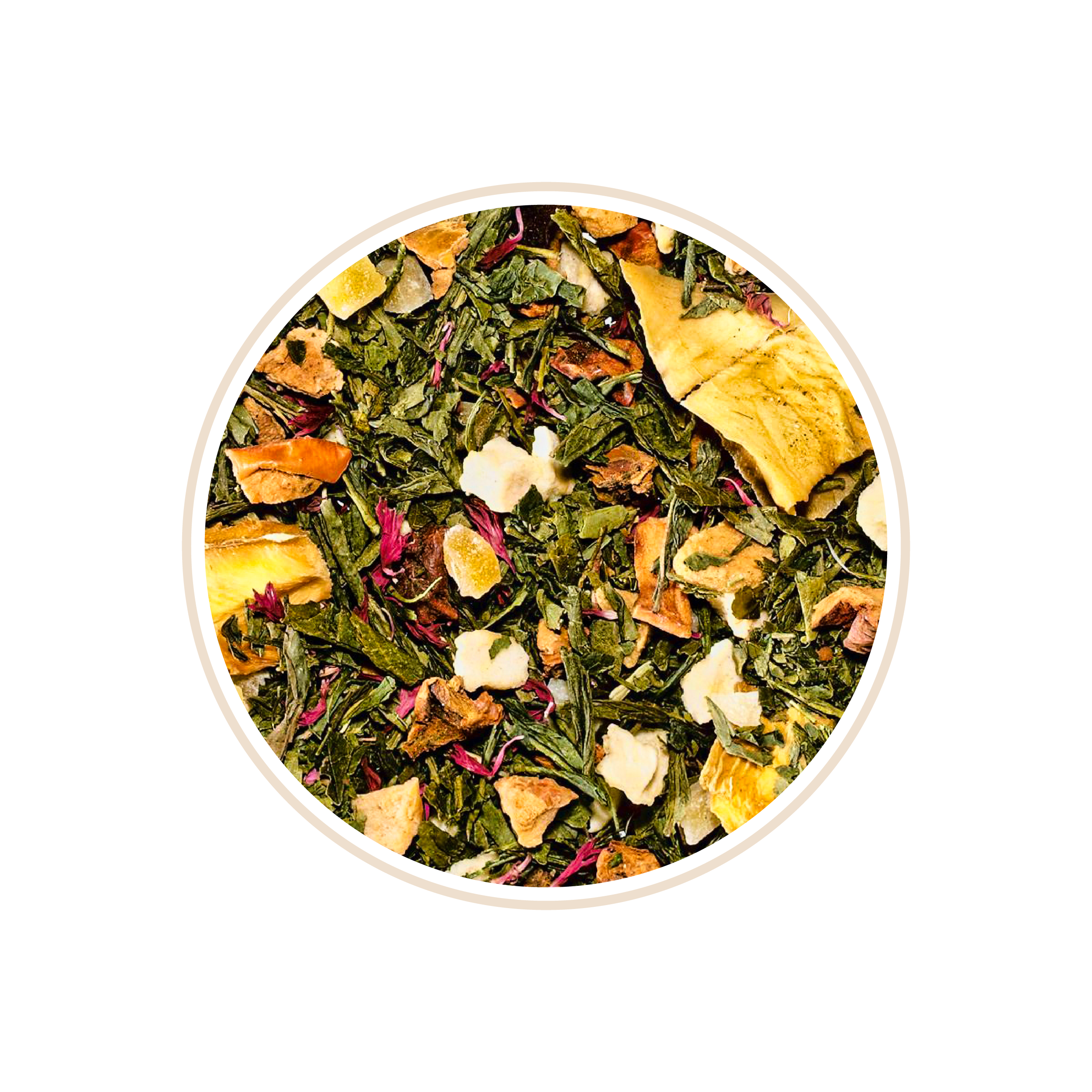 Mixed herbal tea with leaves, fruit pieces, and flower petals.