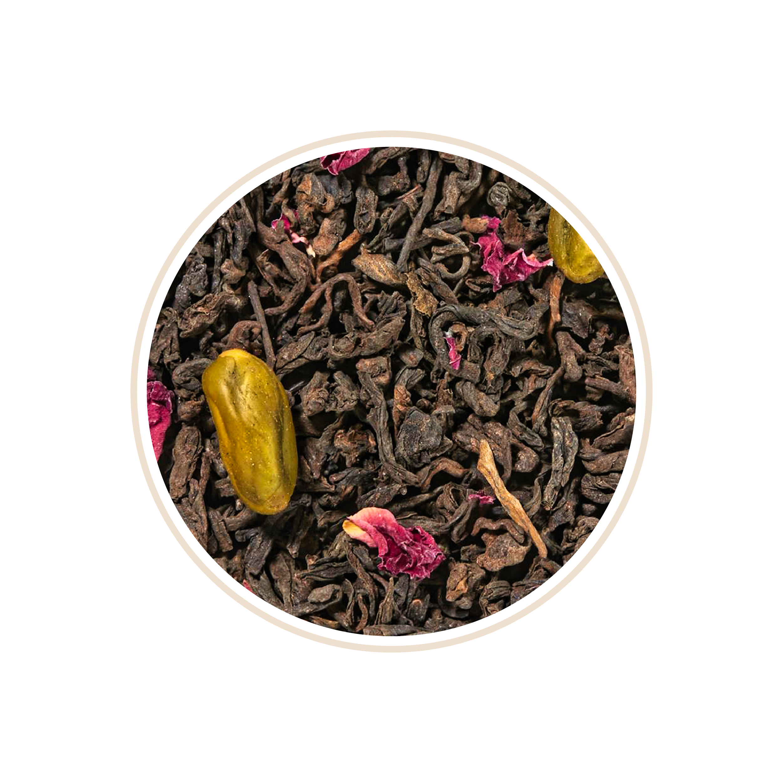Dark tea leaves with rose petals and a green nut, mixing delicate colors.