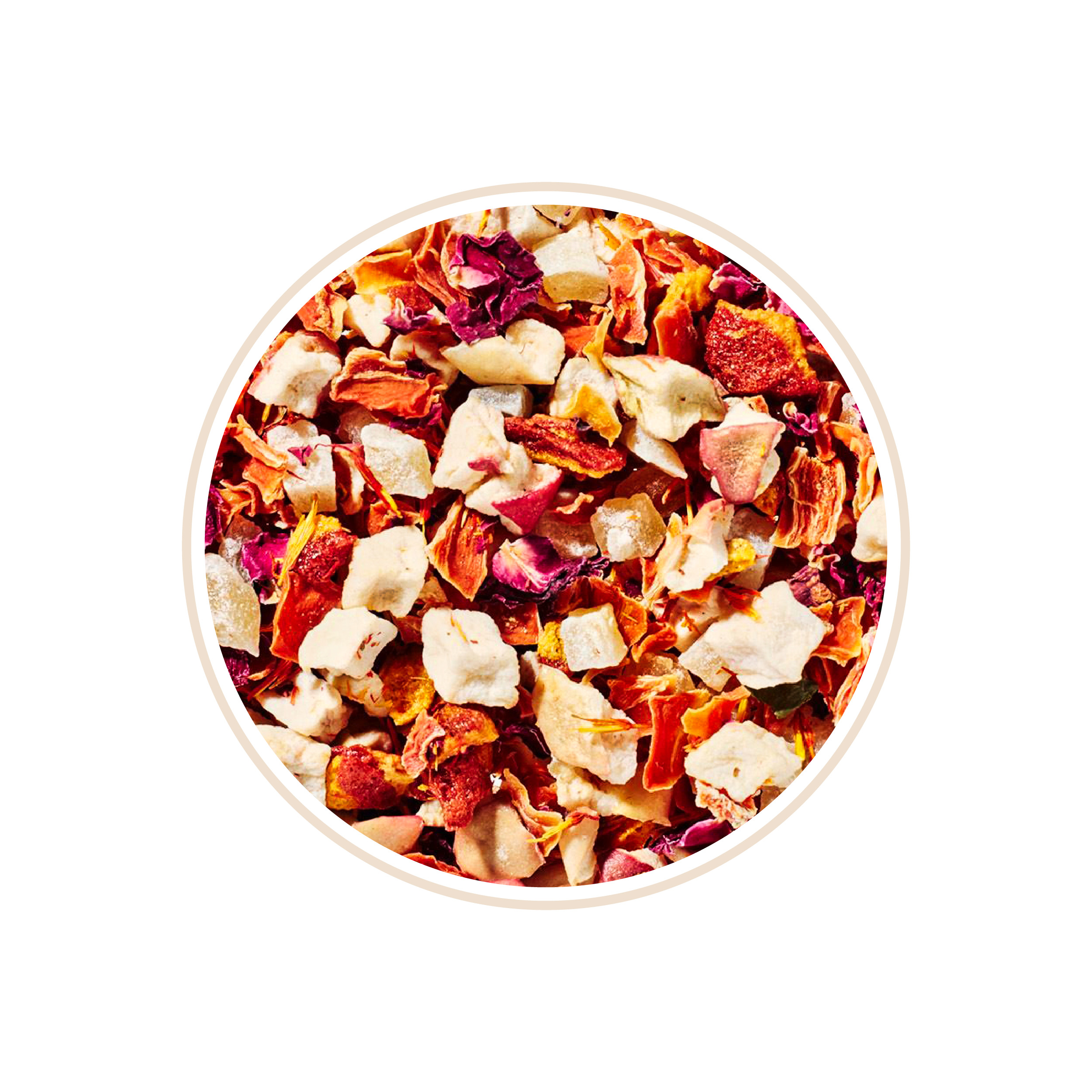 Light mix of dried apple, pink and orange fruit pieces.