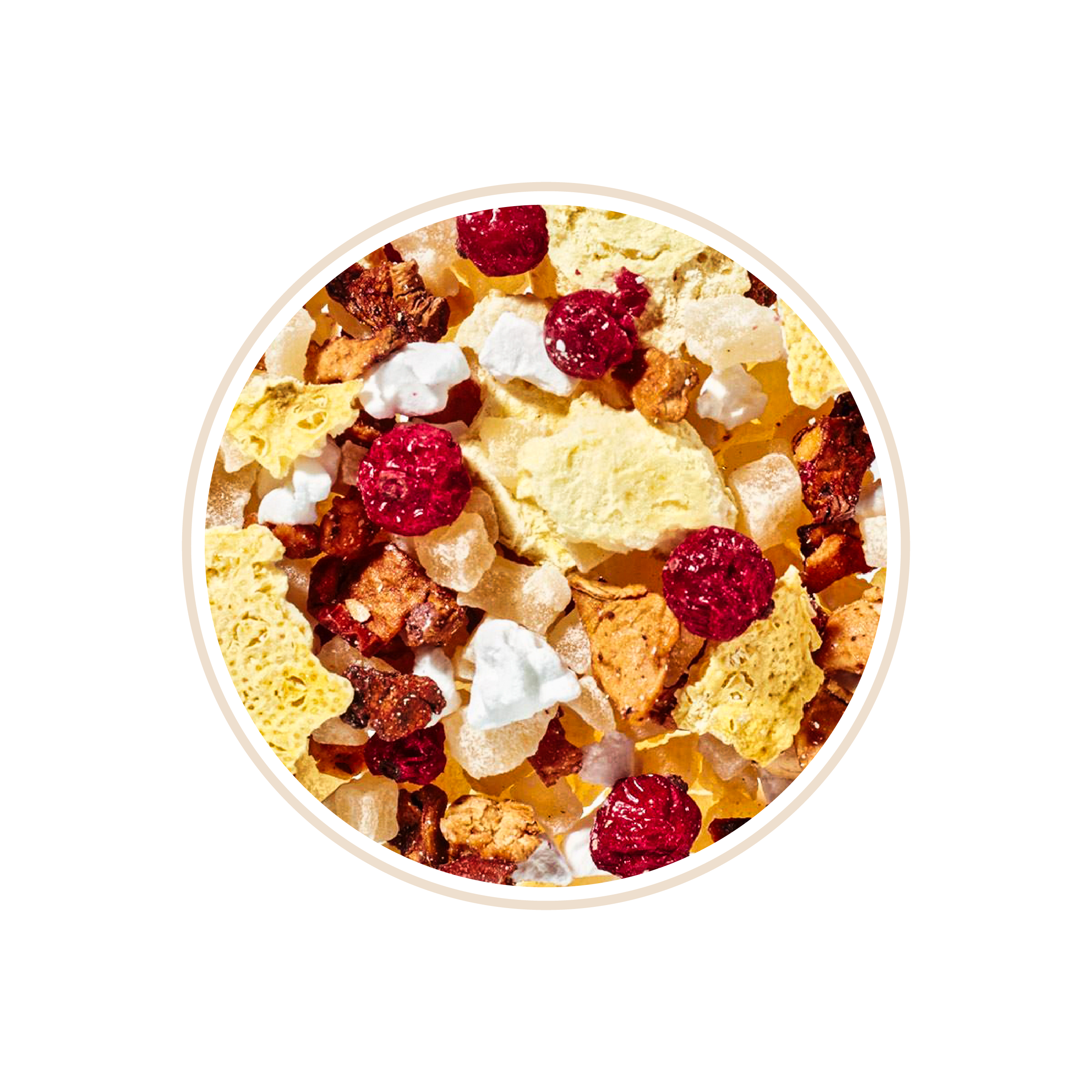 Fruit tea blend with raspberries and pineapple bits.