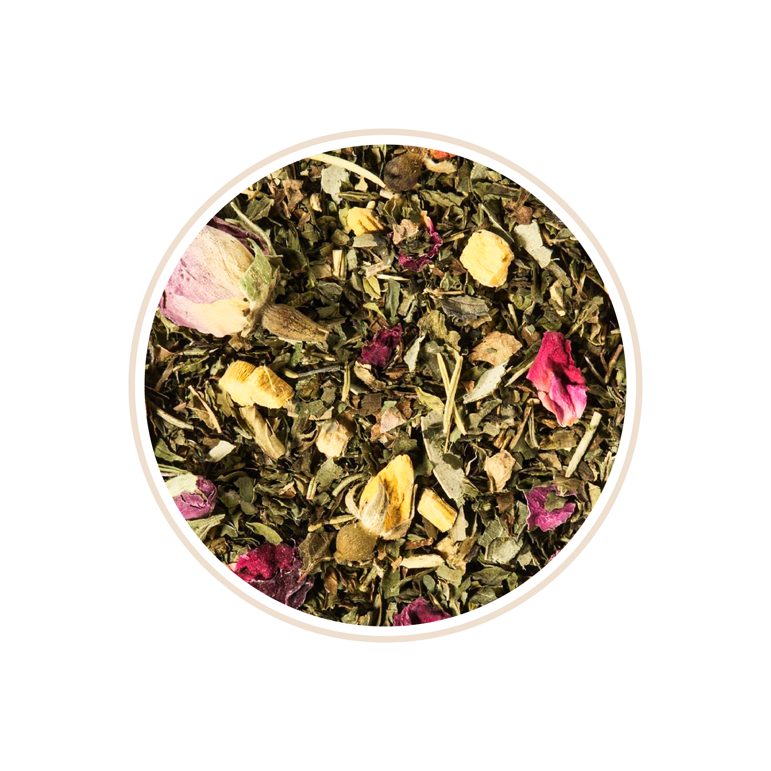 Herbal tea with rose petals and green leaves.
