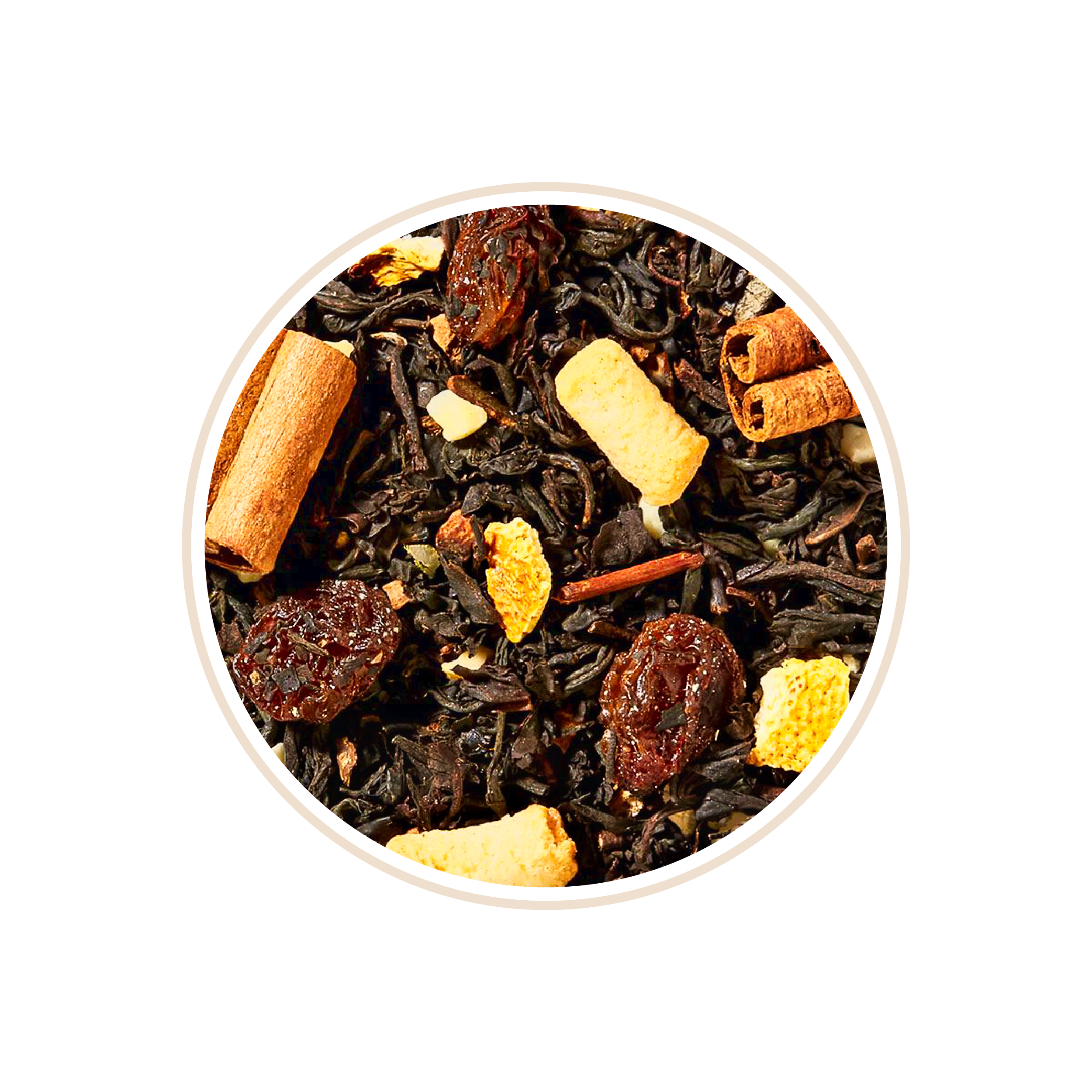 Black tea blend with orange peel, cinnamon sticks, and raisins.