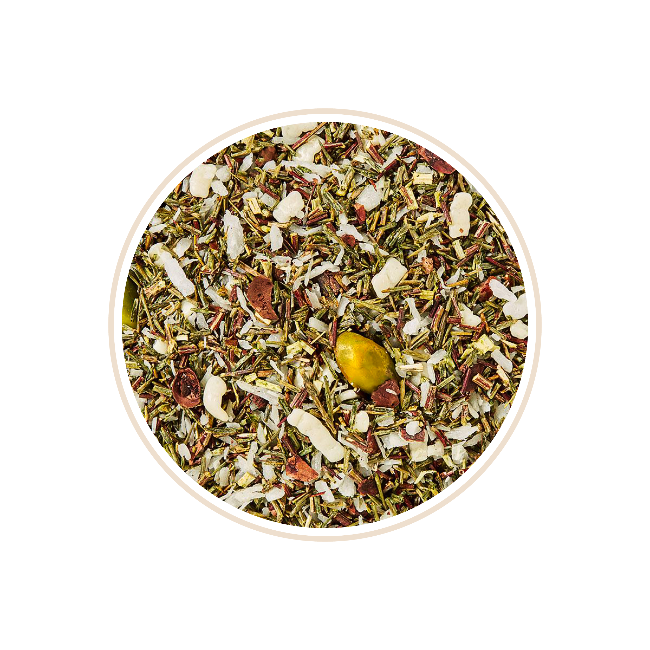 Rooibos blend with coconut flakes and yellow nuts mixed throughout.