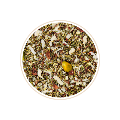 Rooibos blend with coconut flakes and yellow nuts mixed throughout.