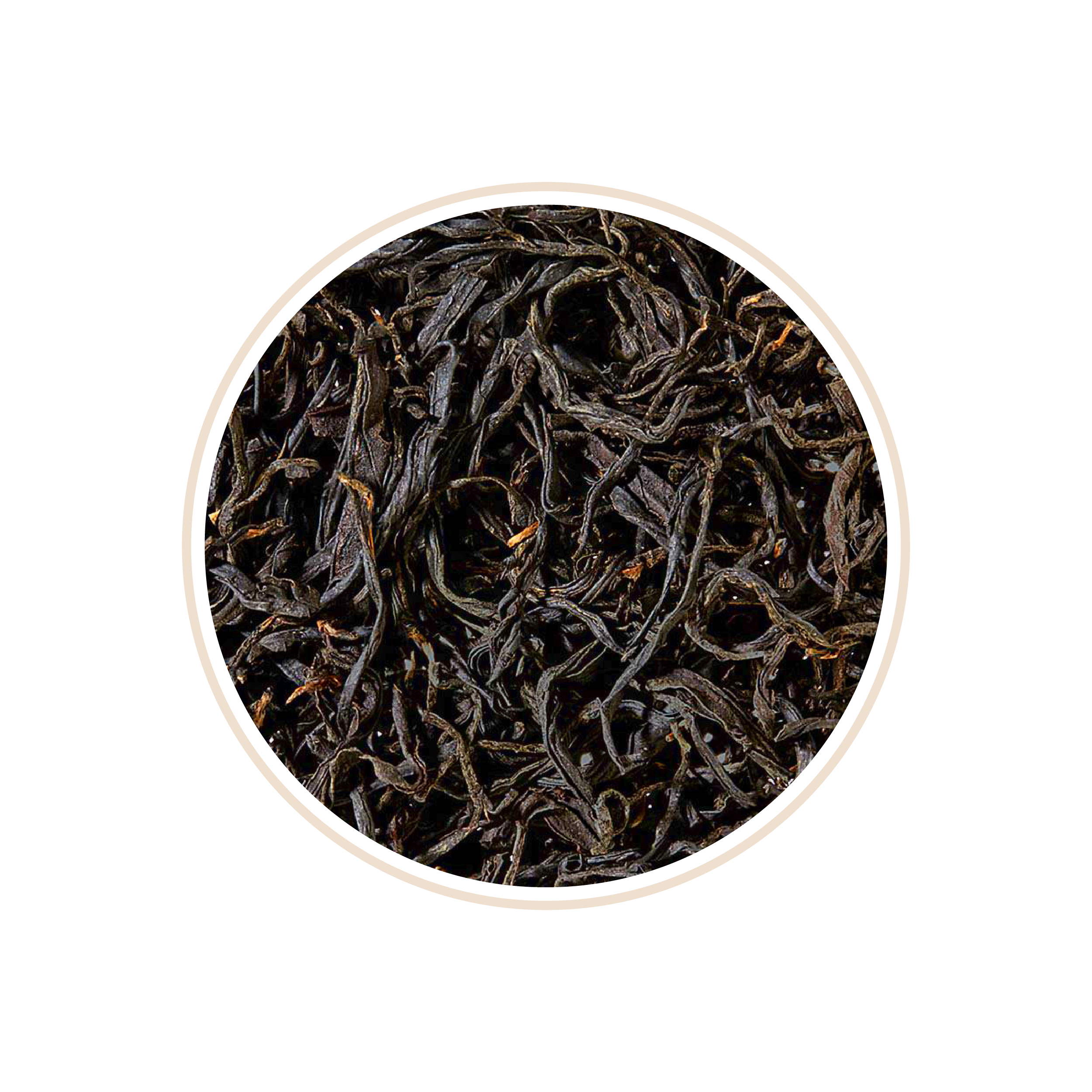 Dark tea leaves with a slightly twisted appearance.