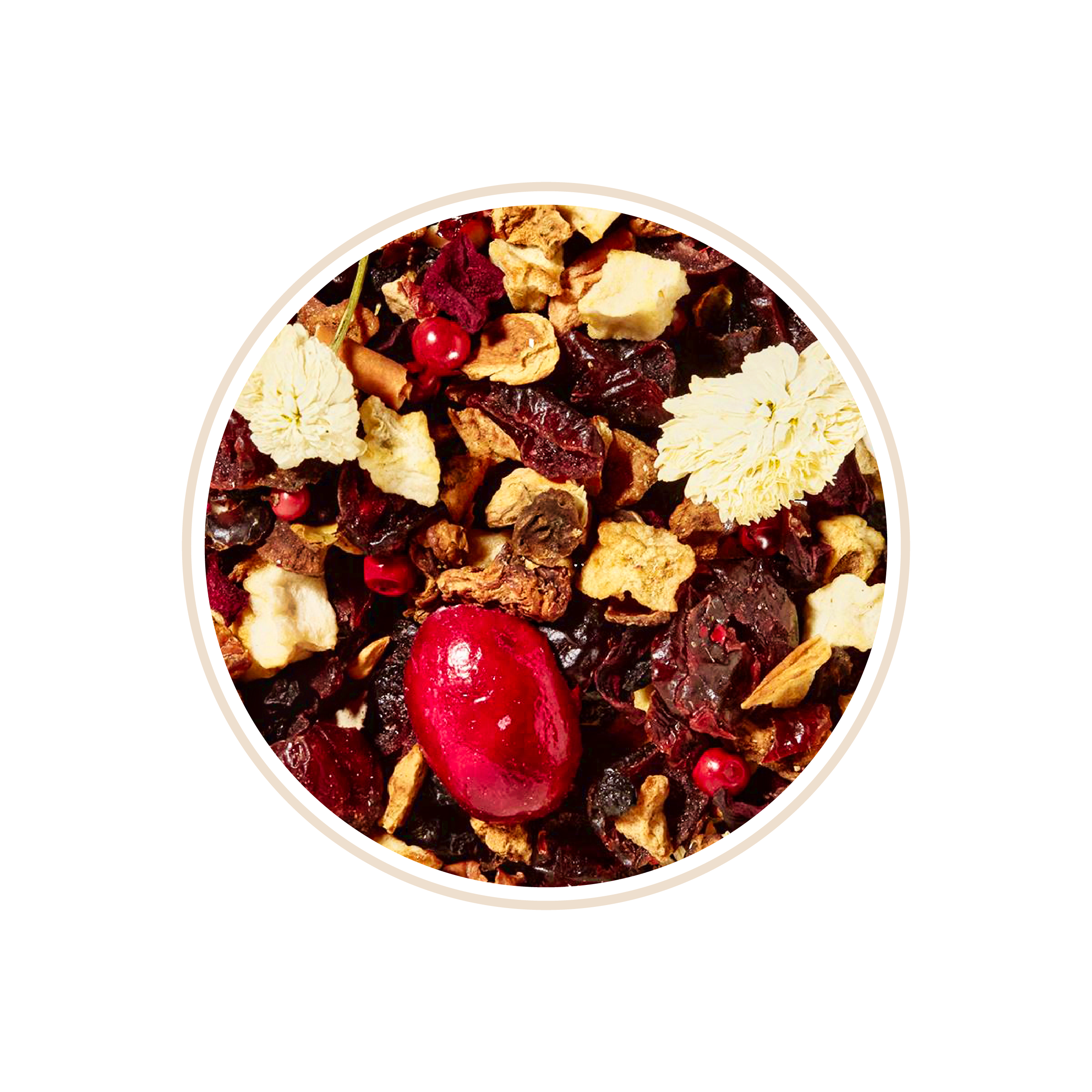 Dried fruit mix with a large red berry, floral petals, and various pieces.