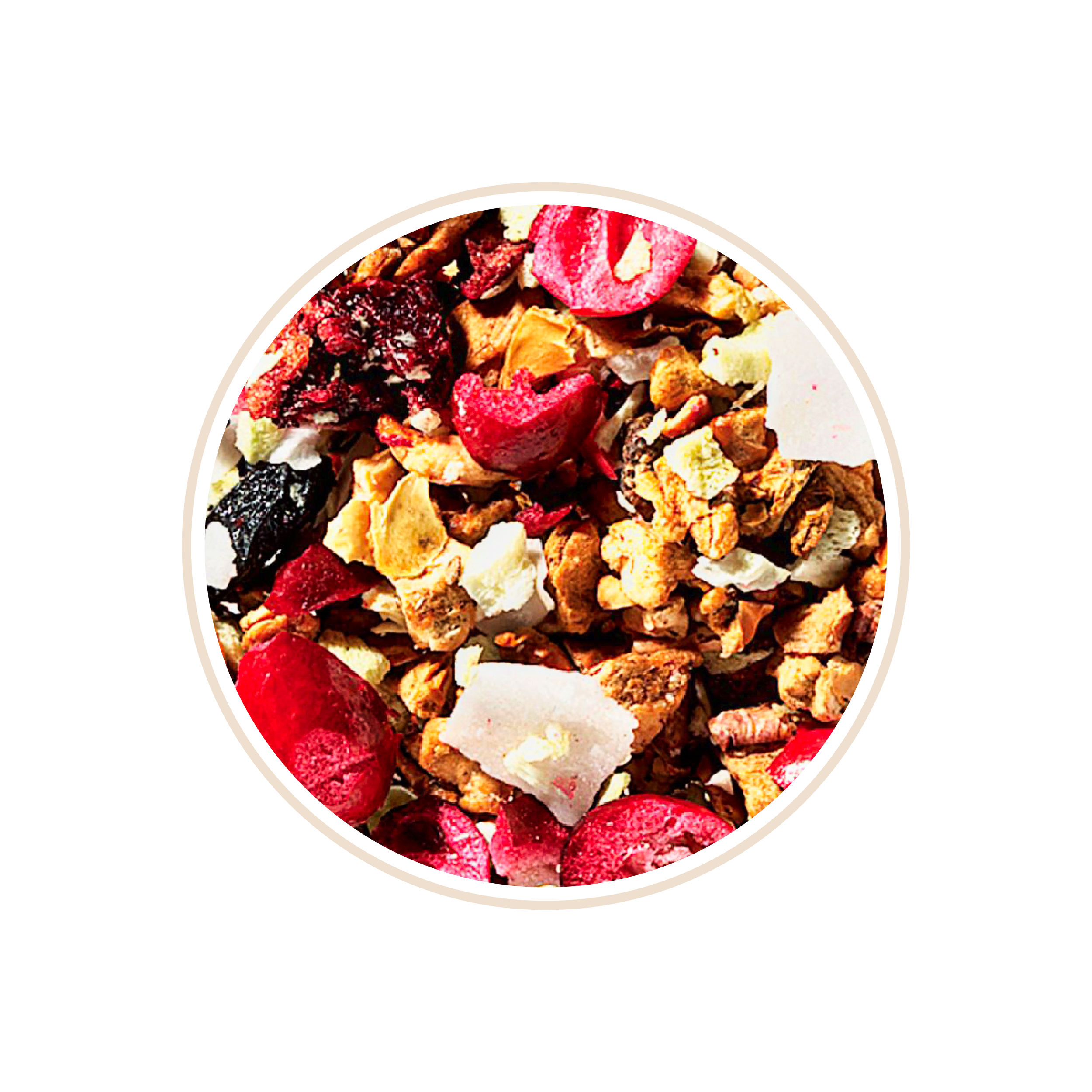 Dried fruit and nut mix with coconut flakes.