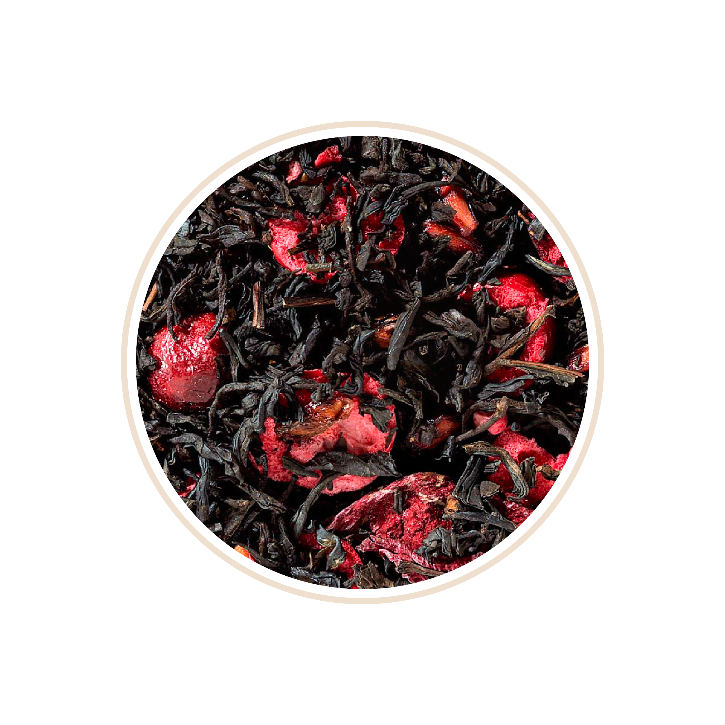 Dark black tea leaves with red dried fruit pieces mixed in.