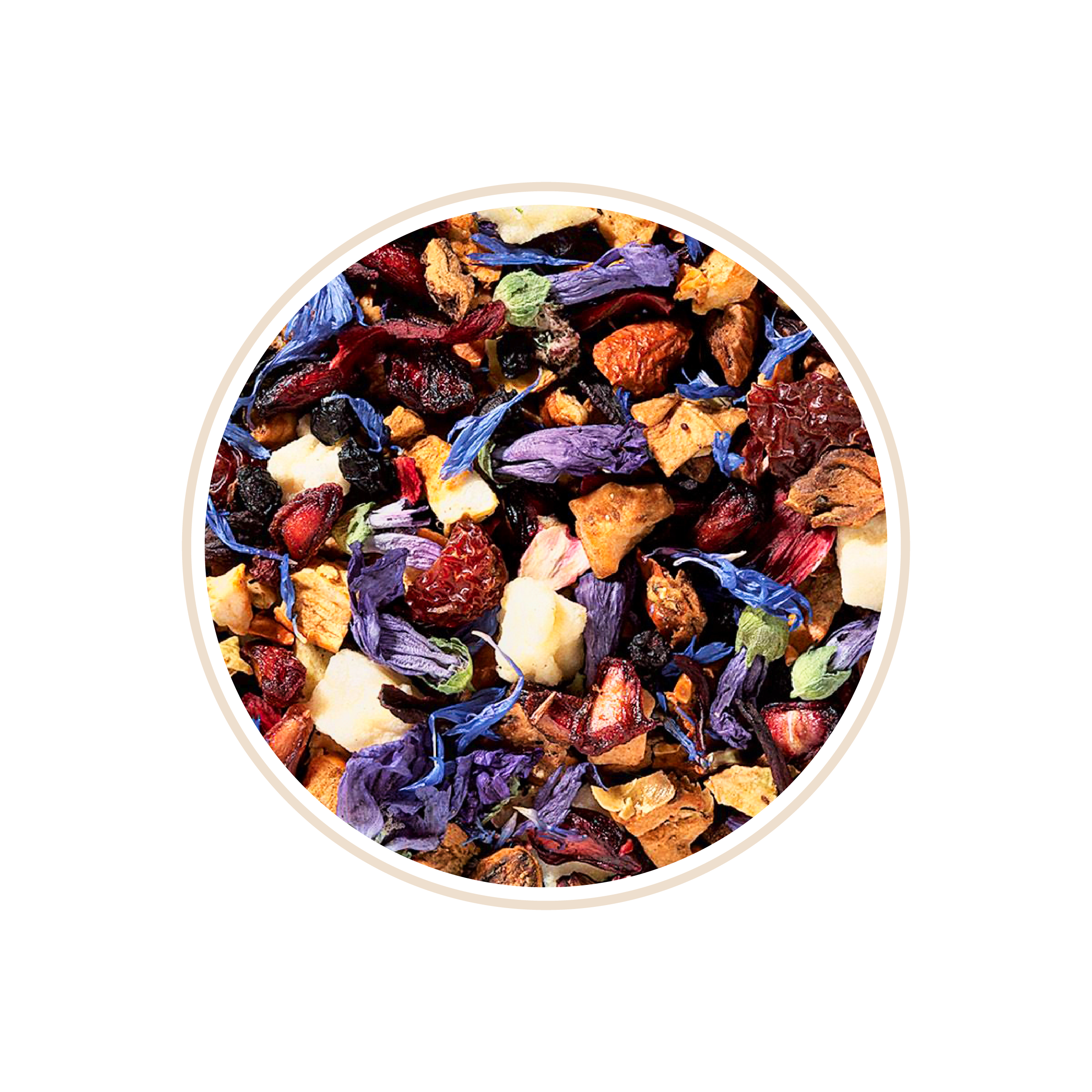 Colorful blend of dried fruits and petals in a circular frame.