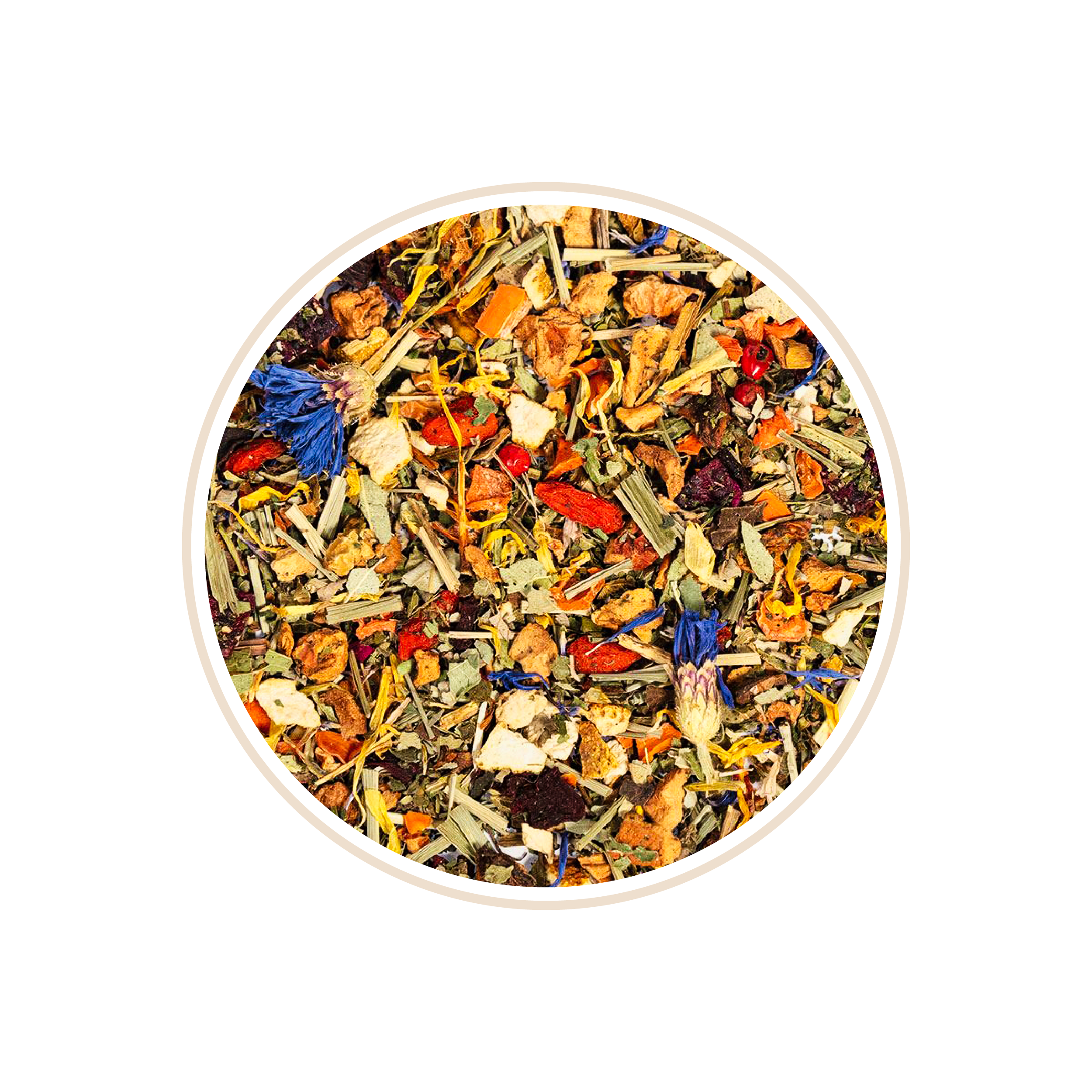Colorful mix of dried fruits, petals, and lemongrass in a bowl.