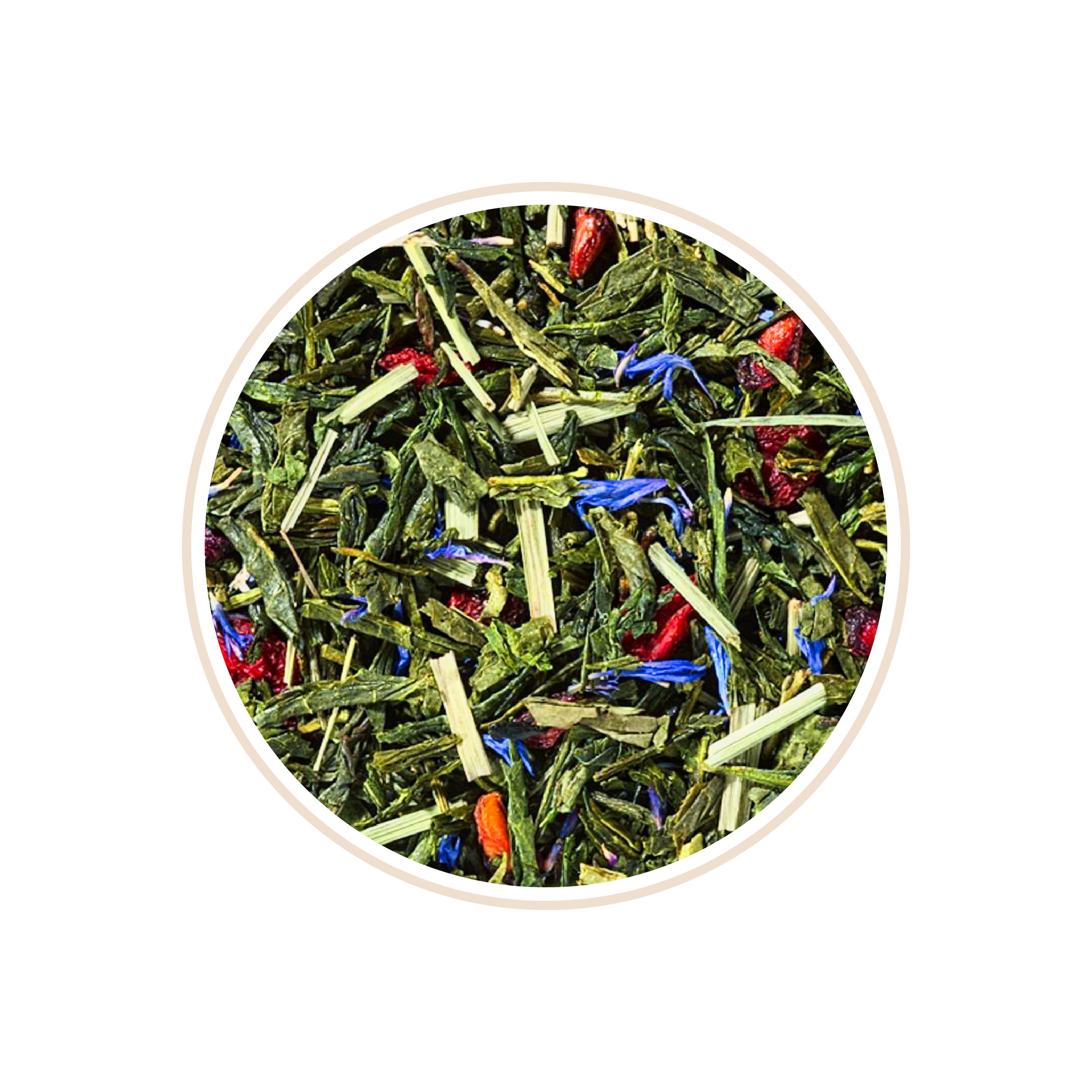Green tea leaves mixed with red and blue flower petals.