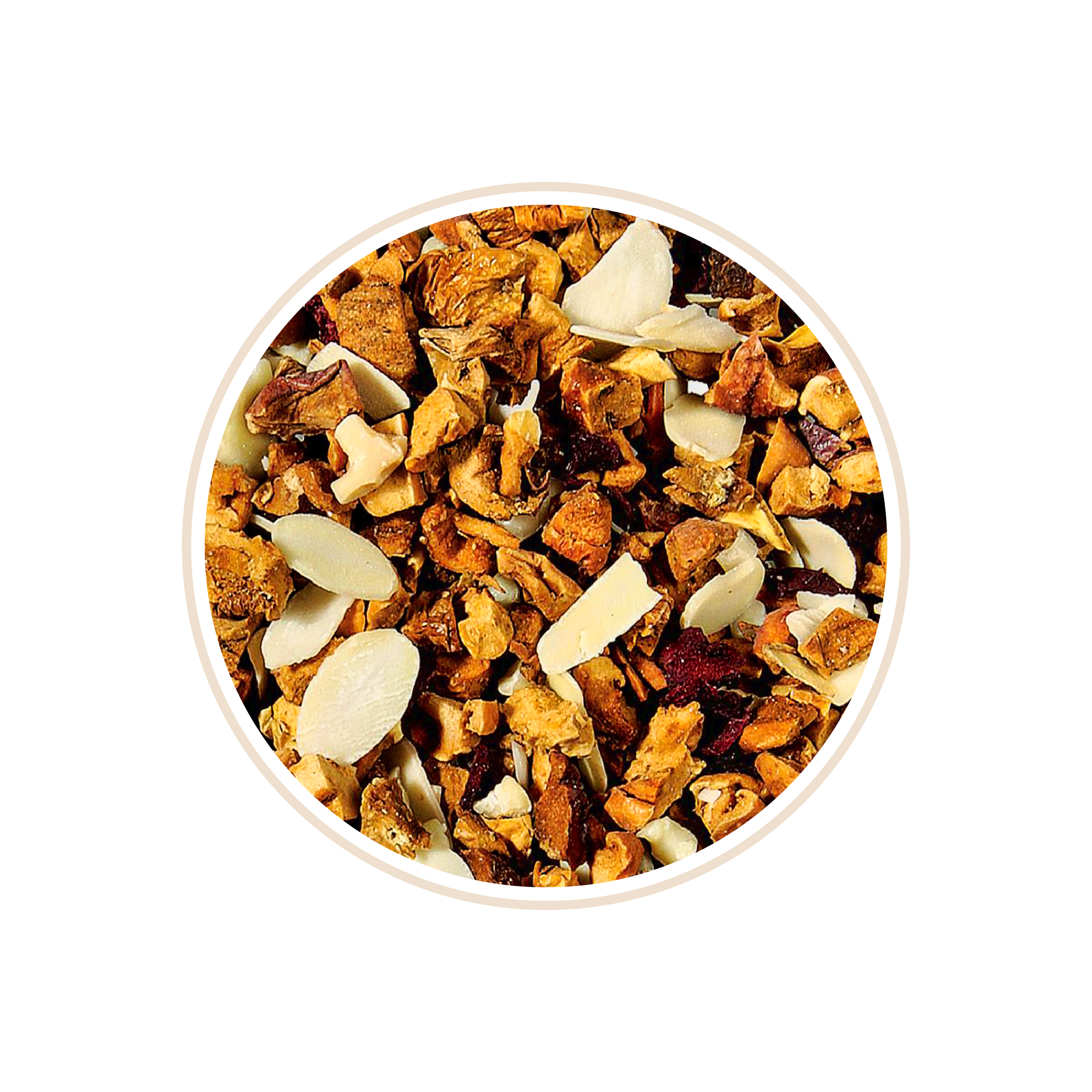 Dried fruit and almond slices mixed in a round bowl.