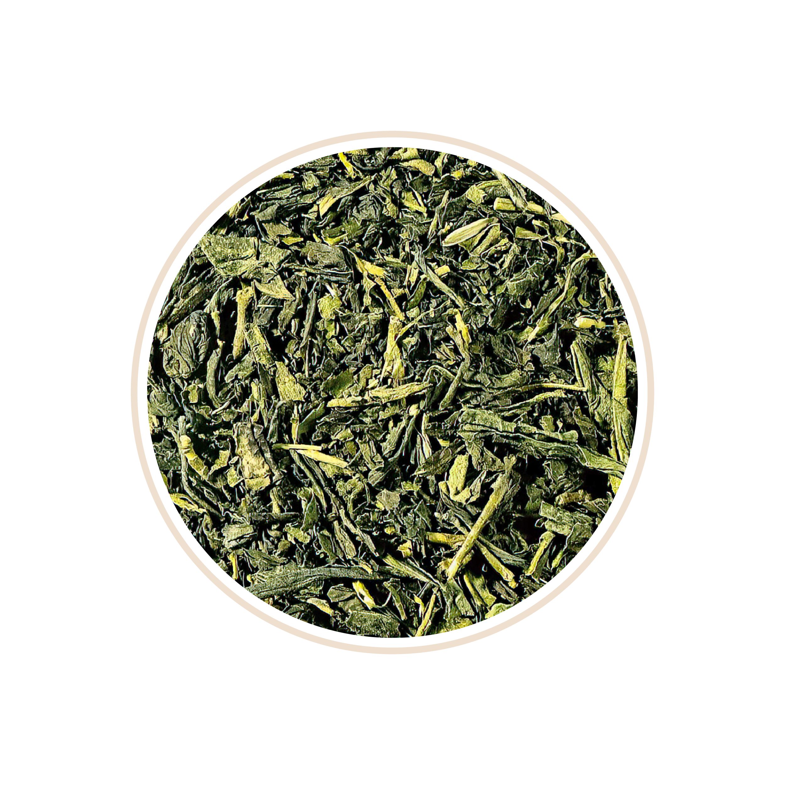 Fine green tea leaves uniformly cut in a round bowl.