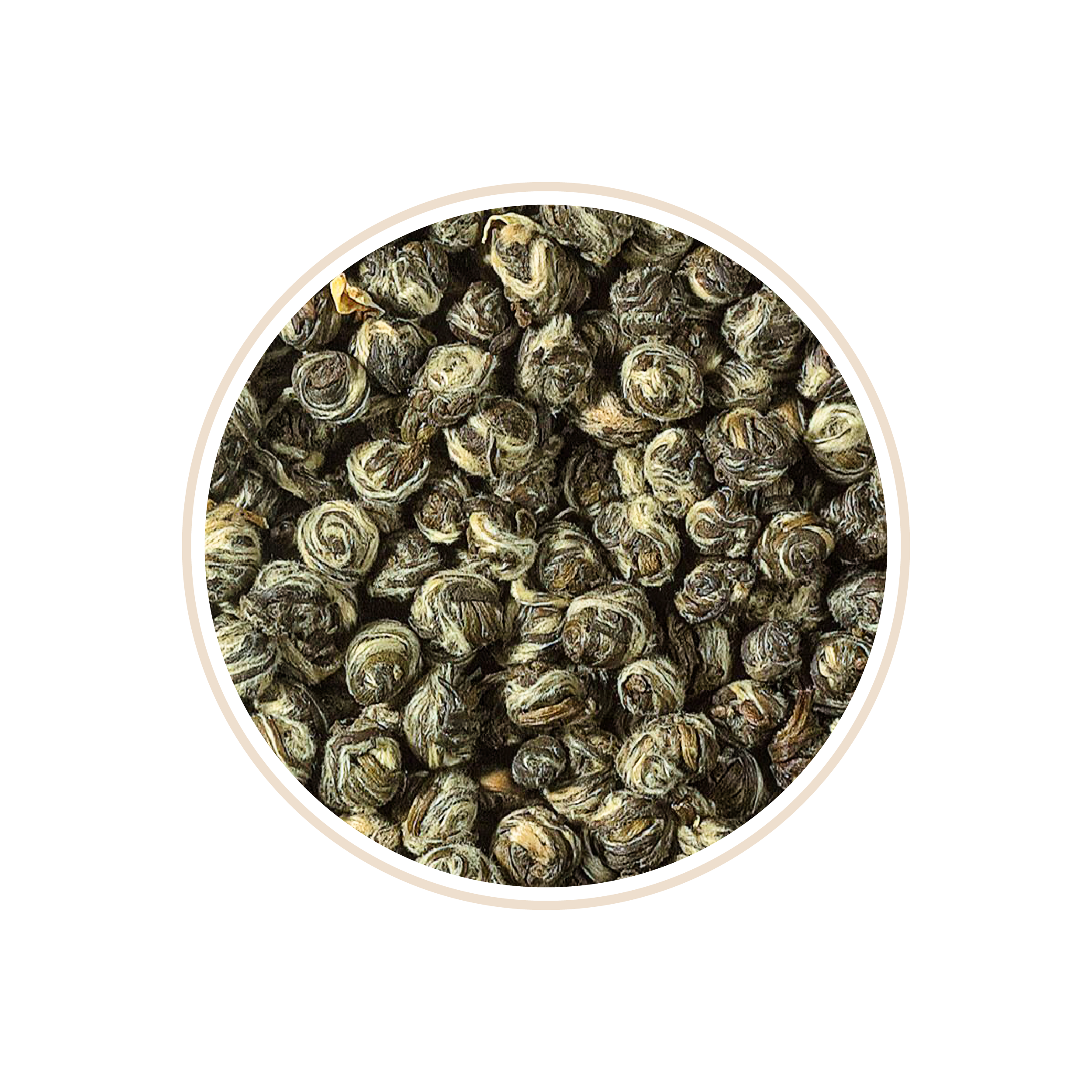 Rolled green tea pearls arranged closely.
