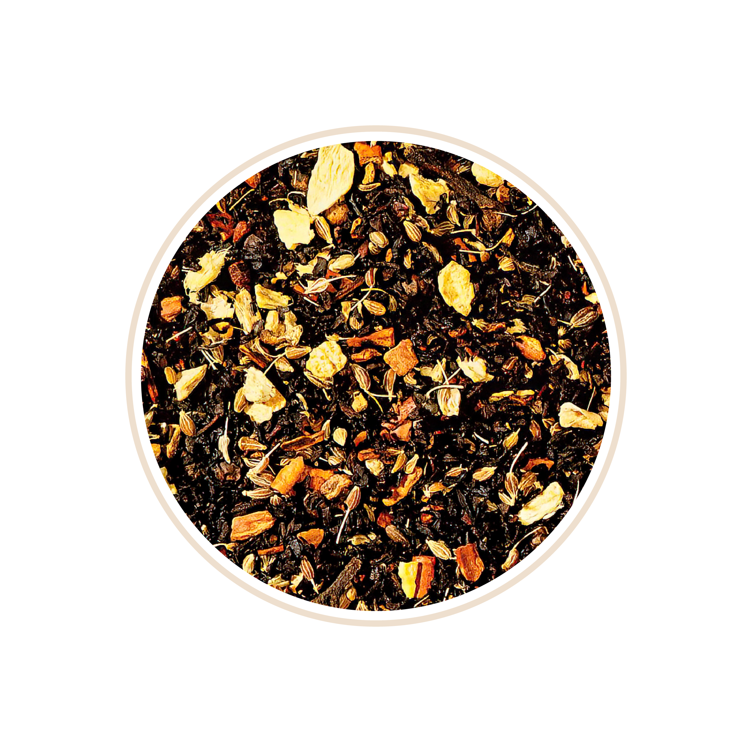 Loose chai tea blend with visible spices and orange peel pieces.