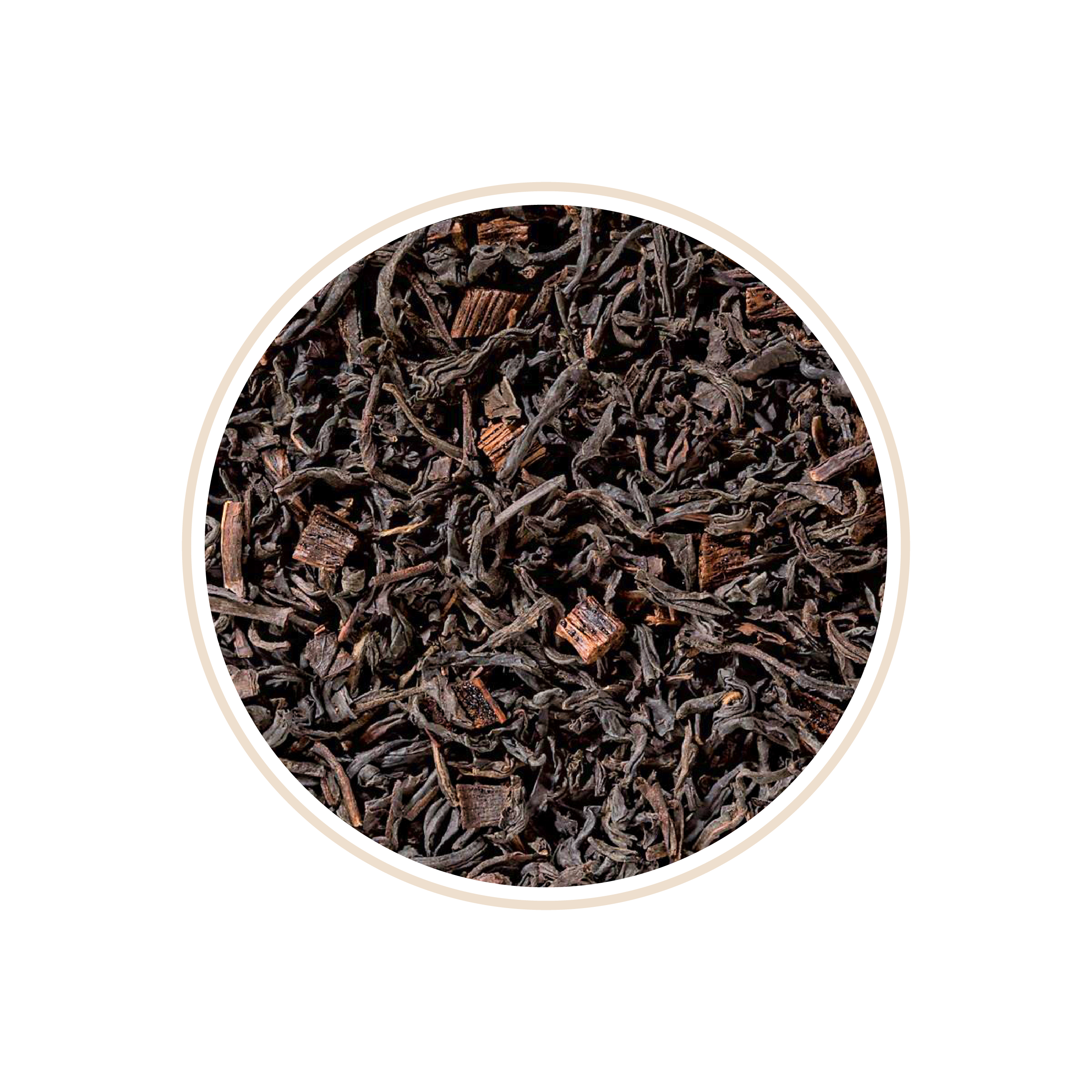 Black tea leaves closely packed with tiny wooden pieces throughout.