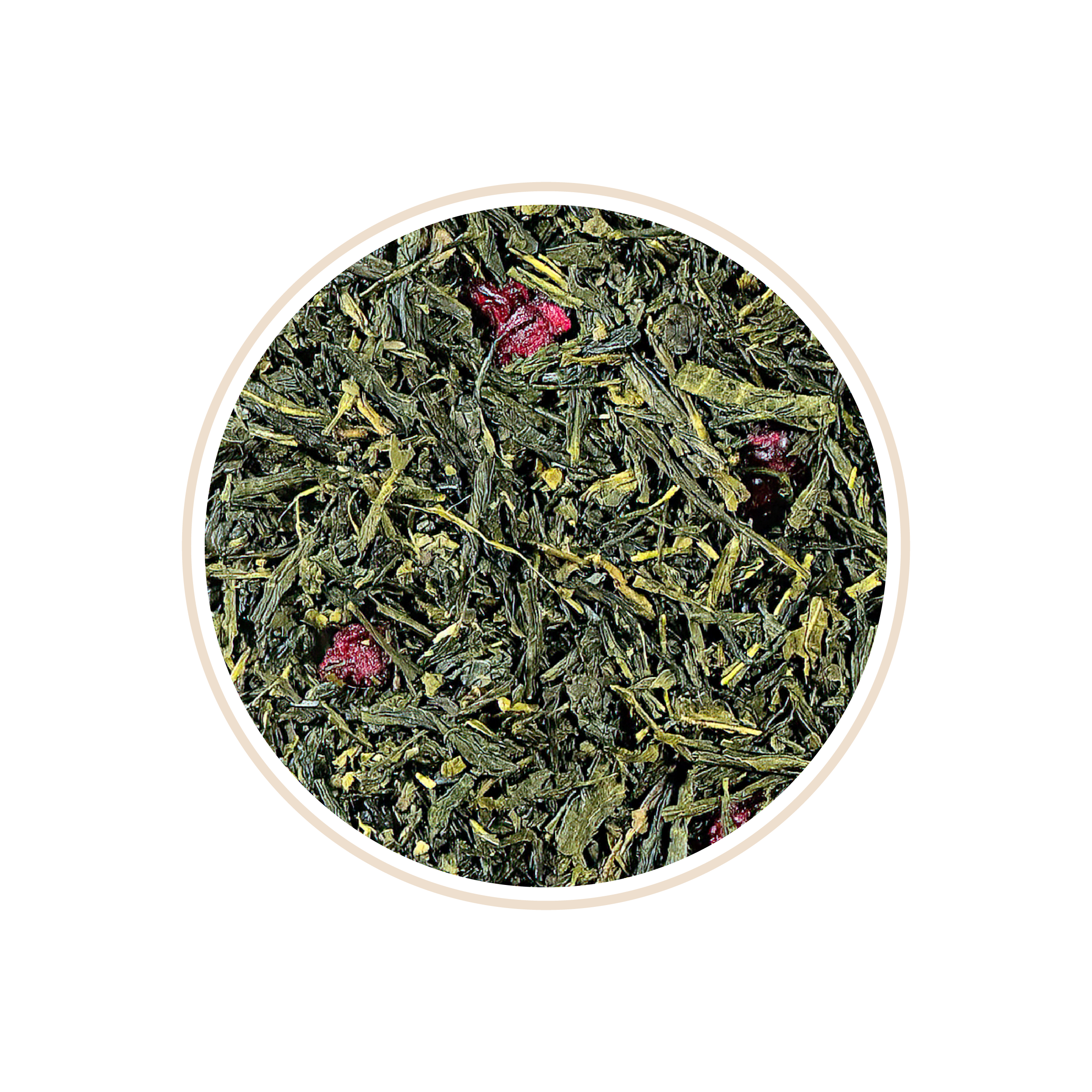 Green shredded tea leaves with red fruit pieces.