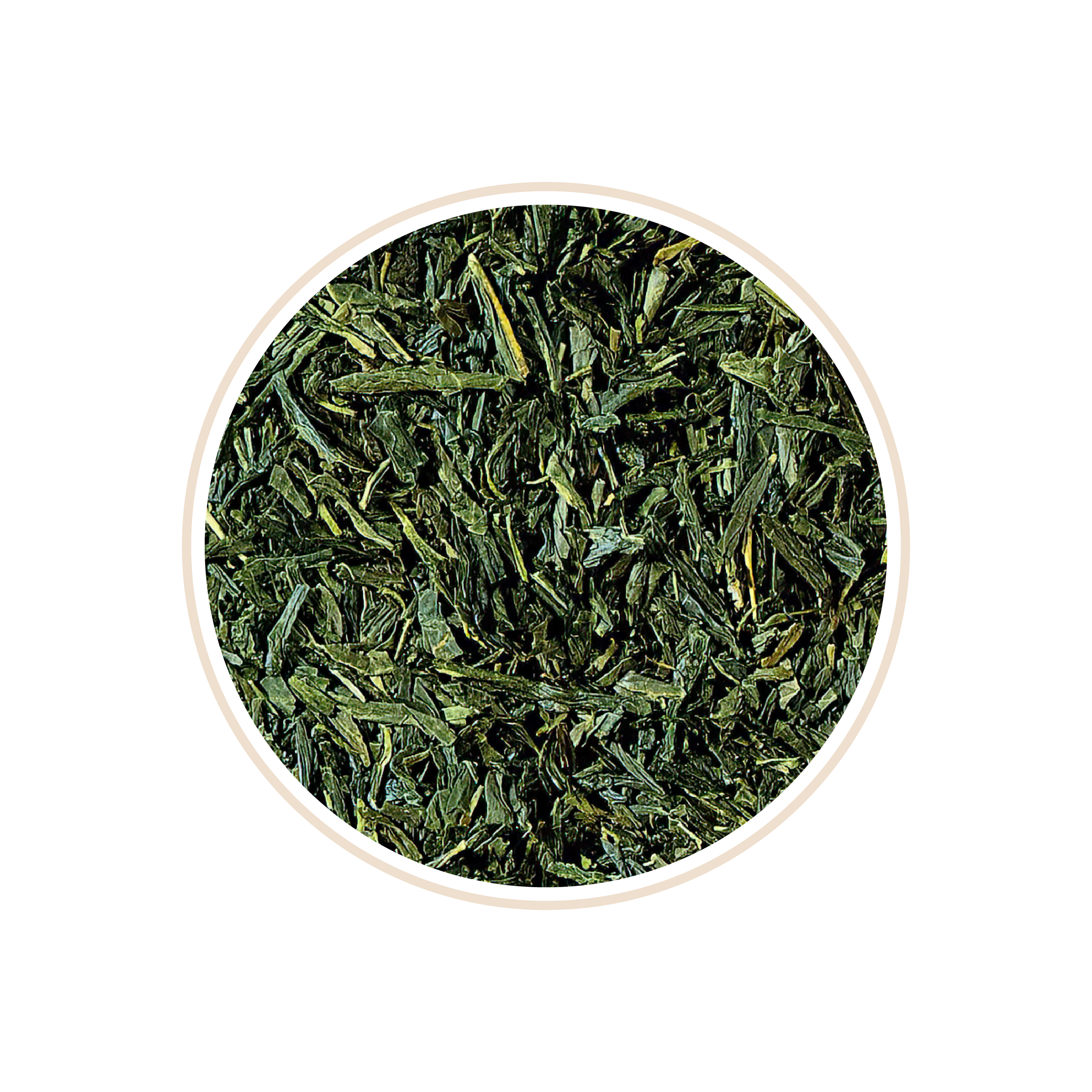 Shredded dark green tea leaves packed closely.