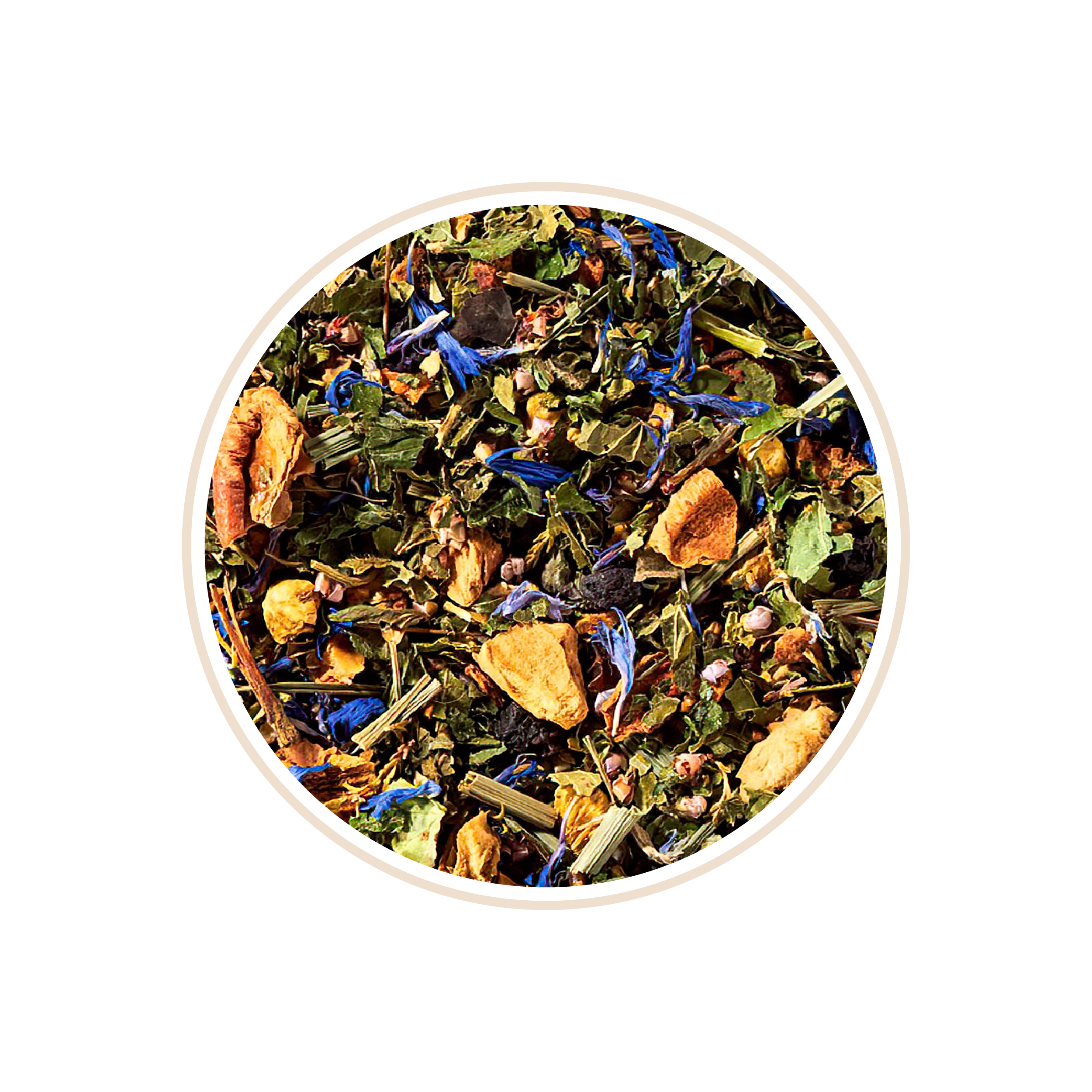Herbal tea with blue petals and dried apple pieces.