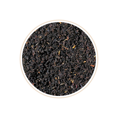 Finely ground black tea leaves with a uniform texture.